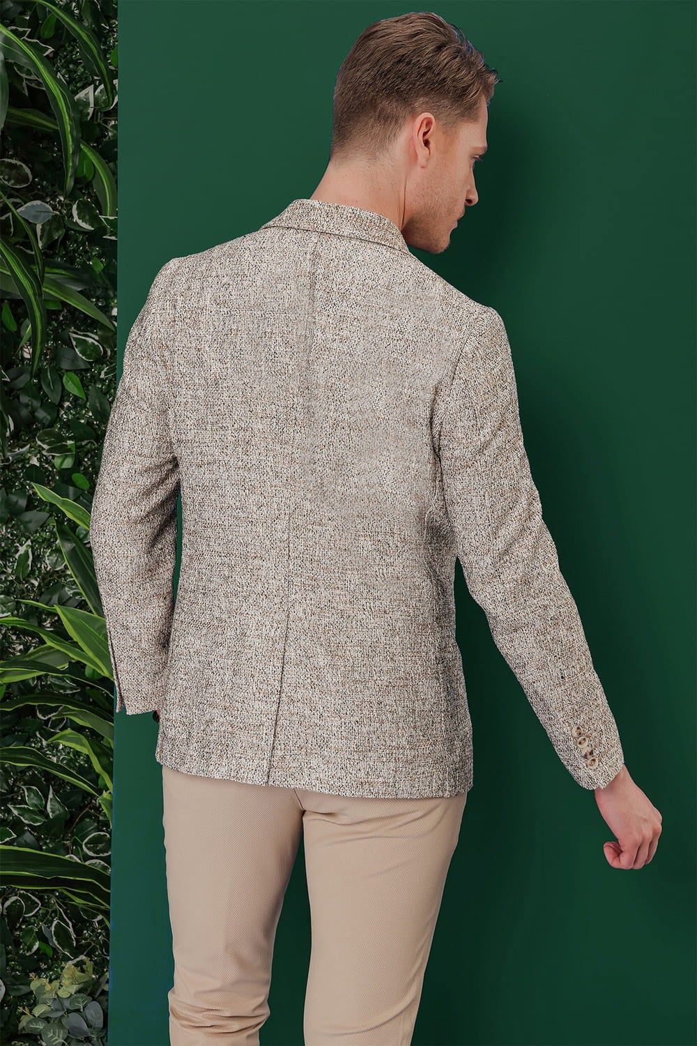 Slim Fit Mono Yaka Buklet Dokuma %100 Pamuk Bej Ceket C 637