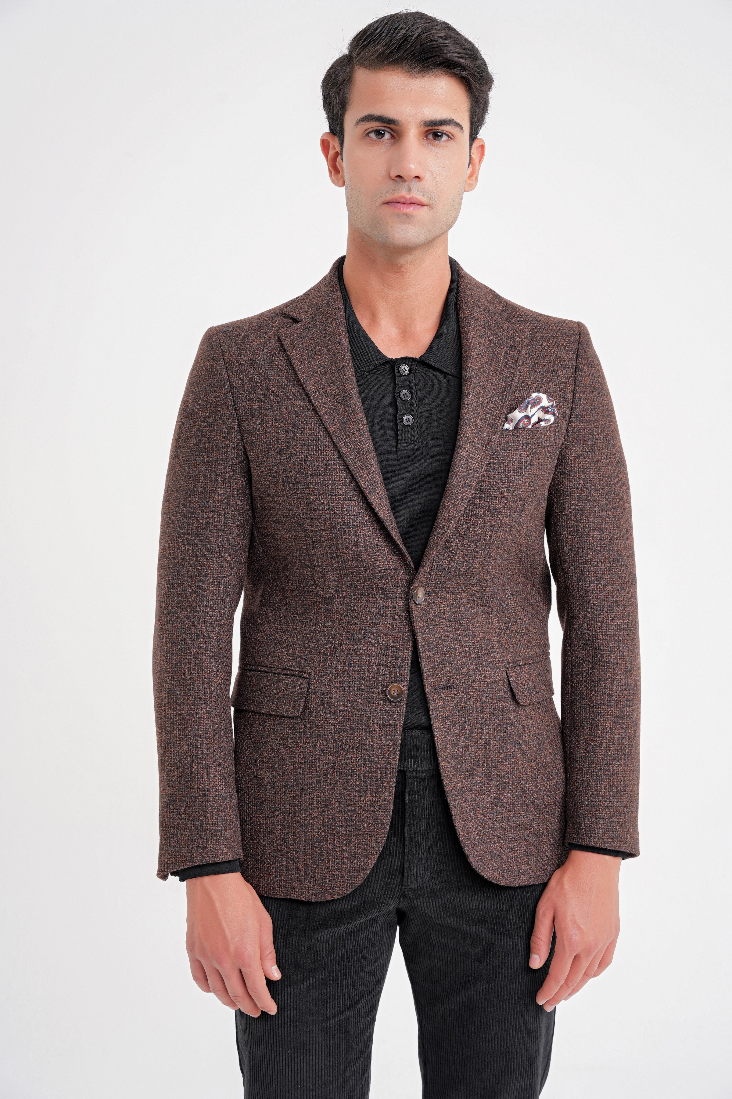Slim Fit Mono Yaka Buklet Dokuma Pamuklu Kahverengi Blazer Ceket C 718