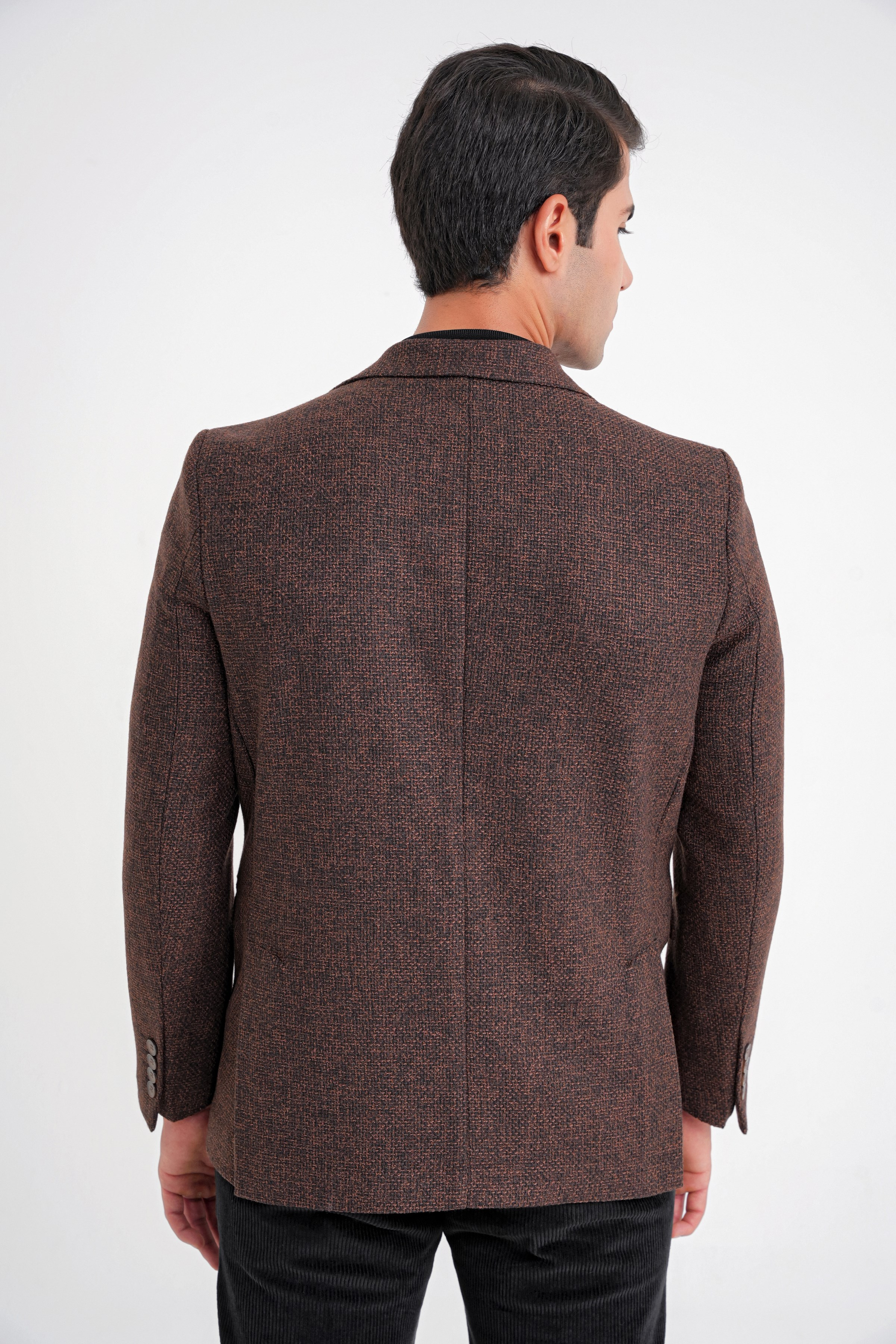 Slim Fit Mono Yaka Buklet Dokuma Pamuklu Kahverengi Blazer Ceket C 718