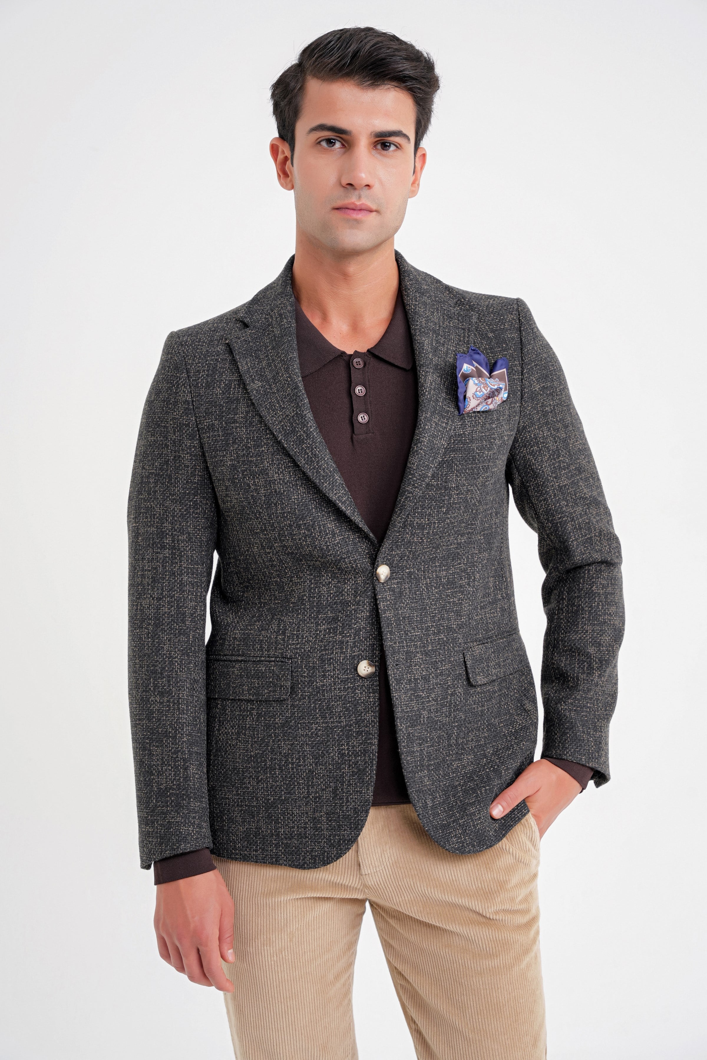 Slim Fit Mono Yaka Buklet Dokuma Pamuklu Nefti Blazer Ceket C 718