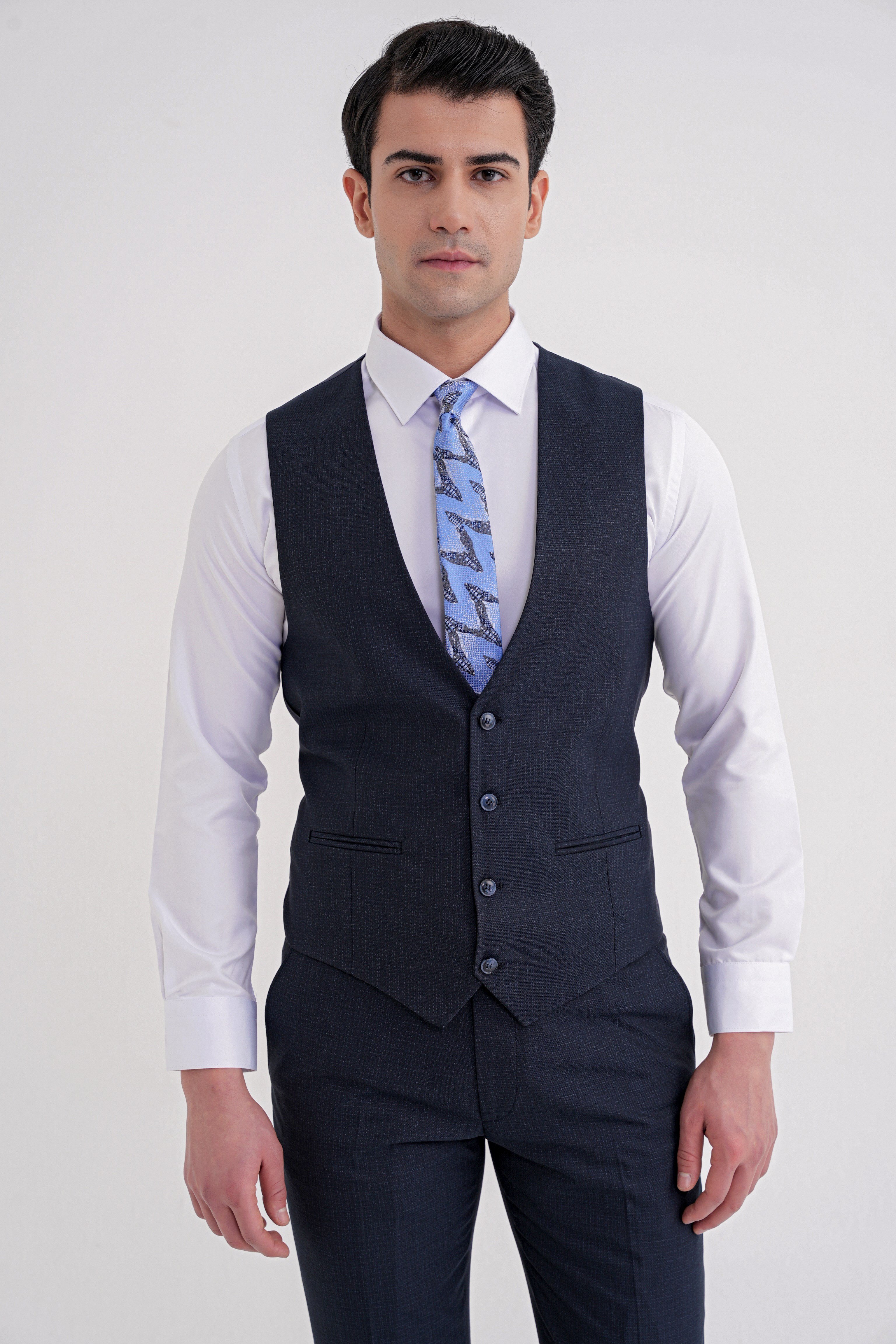 Slim Fit Mono Yaka Çift Yırtmaç Armürlü Esnek Yünlü Lacivert Yelekli Klasik Takım Elbise TK 933