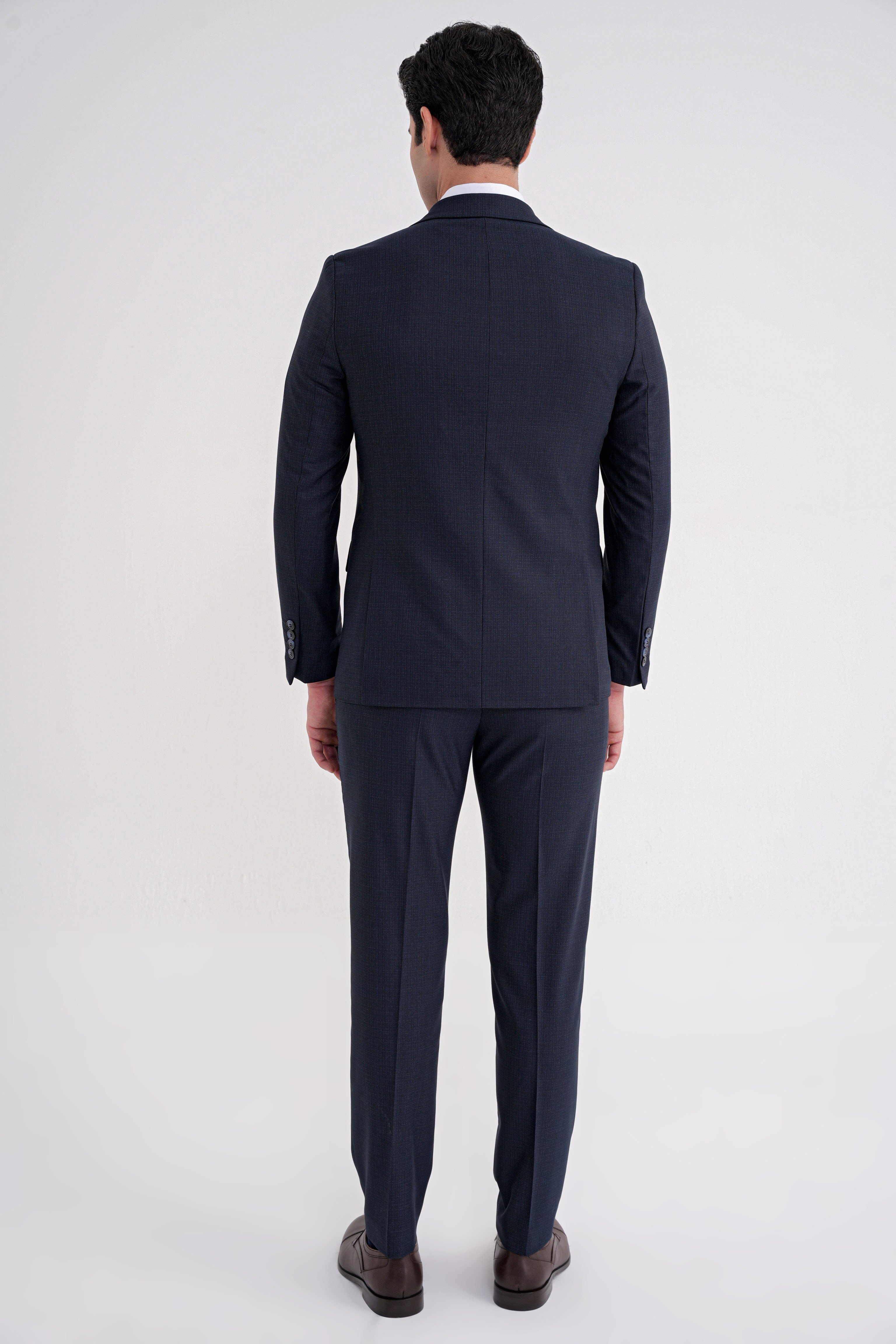 Slim Fit Mono Yaka Çift Yırtmaç Armürlü Esnek Yünlü Lacivert Yelekli Klasik Takım Elbise TK 933