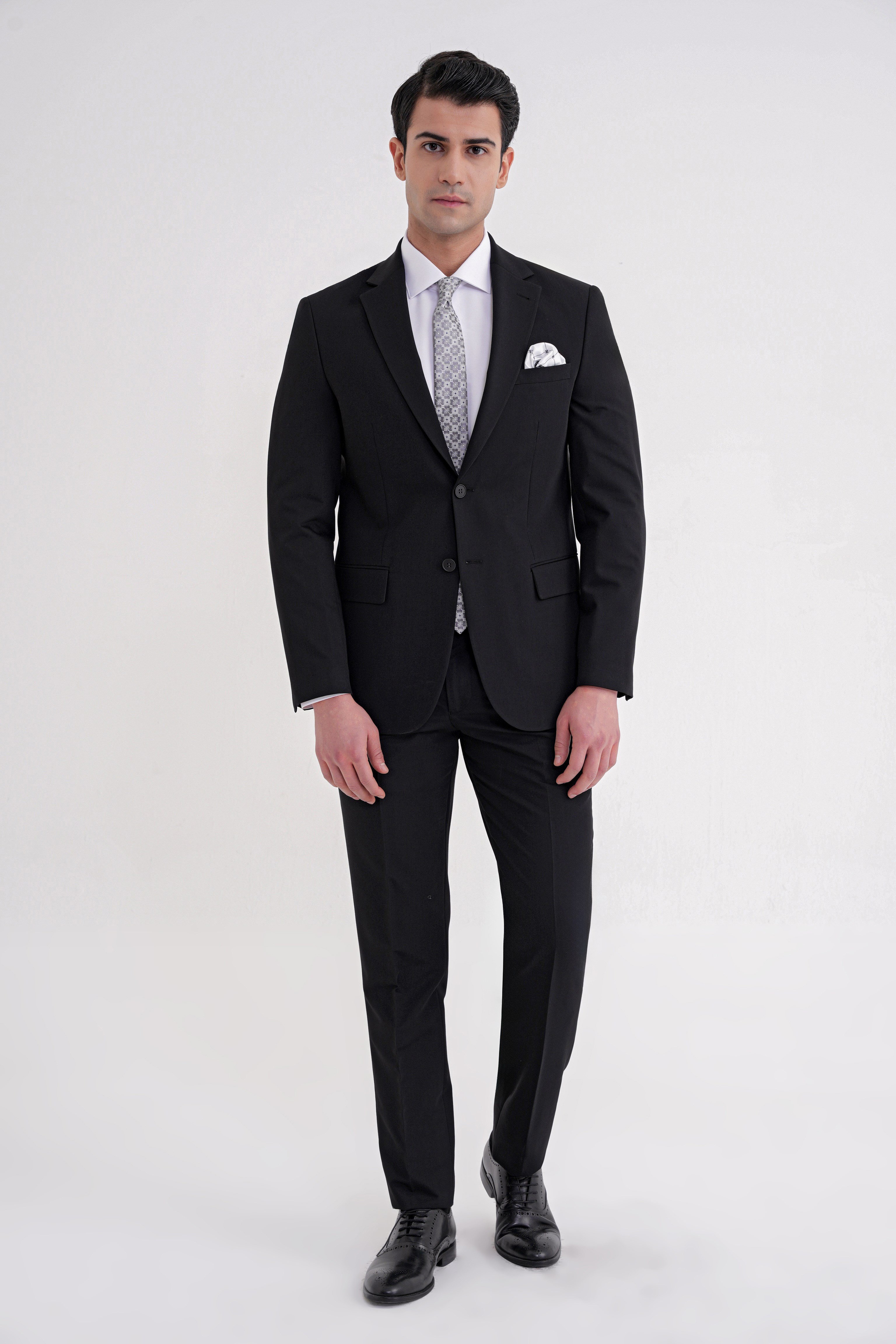 Slim Fit Mono Yaka Çift Yırtmaç Düz Siyah Klasik Takım Elbise TK 938
