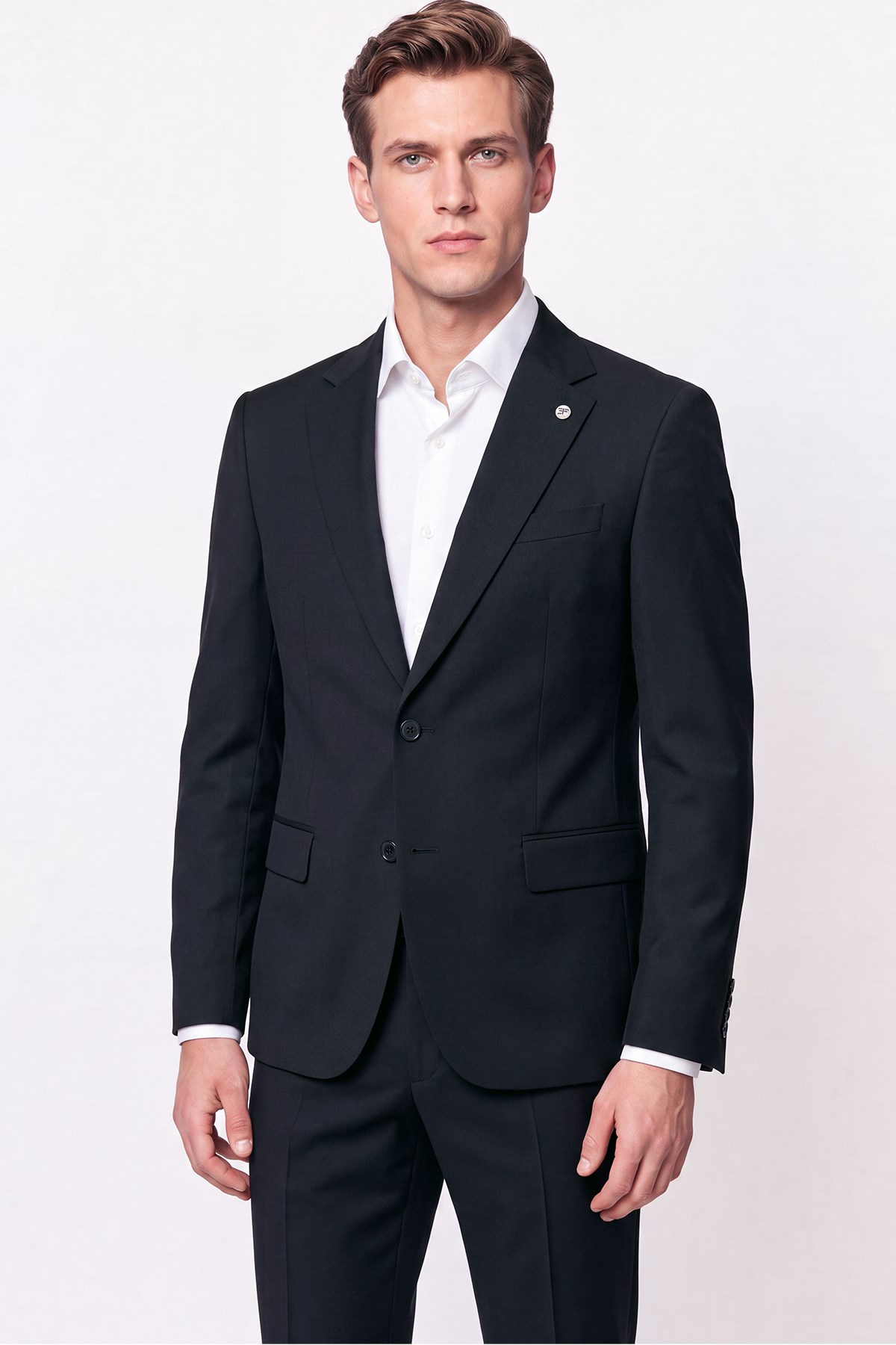 Slim Fit Mono Yaka Çift Yırtmaç Esnek Yünlü Siyah Takım Elbise TK 947