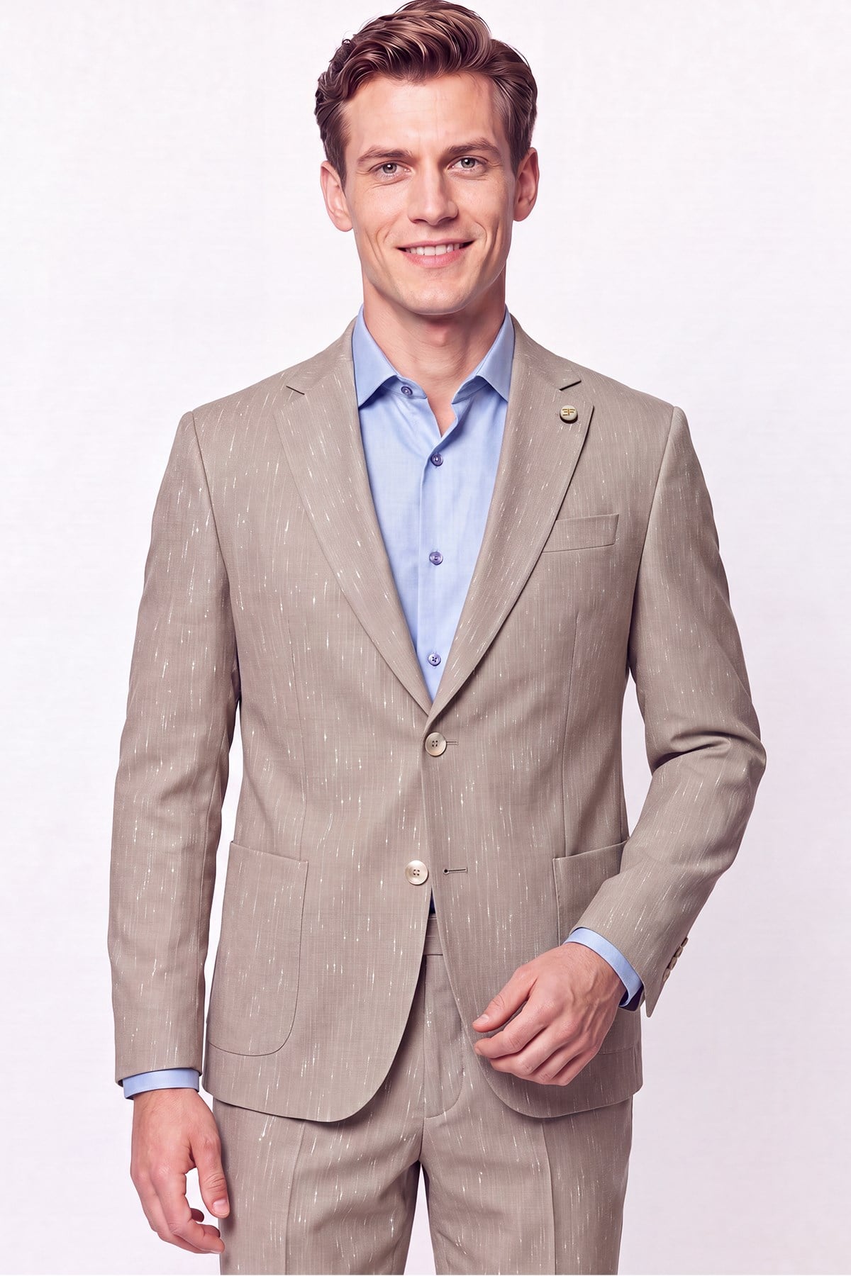 Slim Fit Mono Yaka Çift Yırtmaç Koyu Bej Keten Takım Elbise TK 952