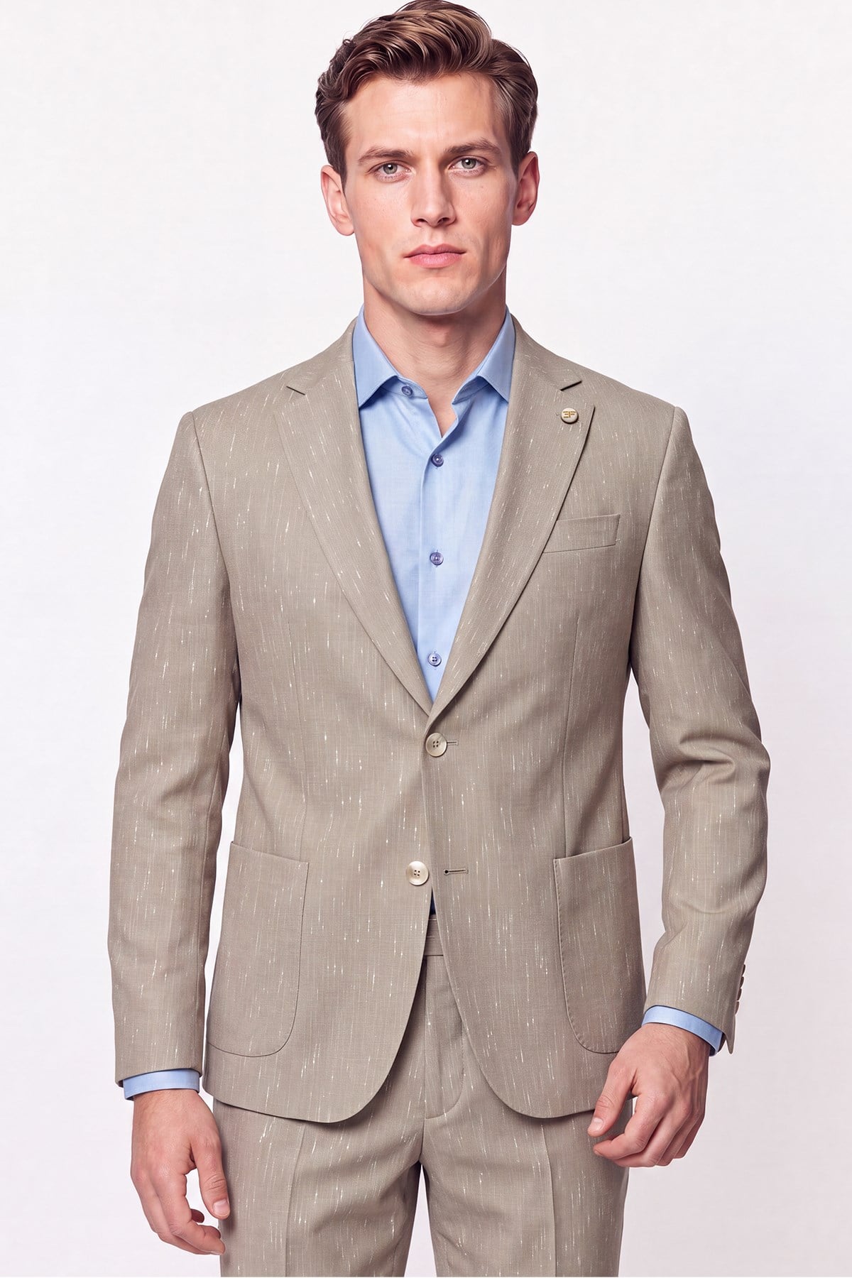 Slim Fit Mono Yaka Çift Yırtmaç Koyu Bej Keten Takım Elbise TK 952