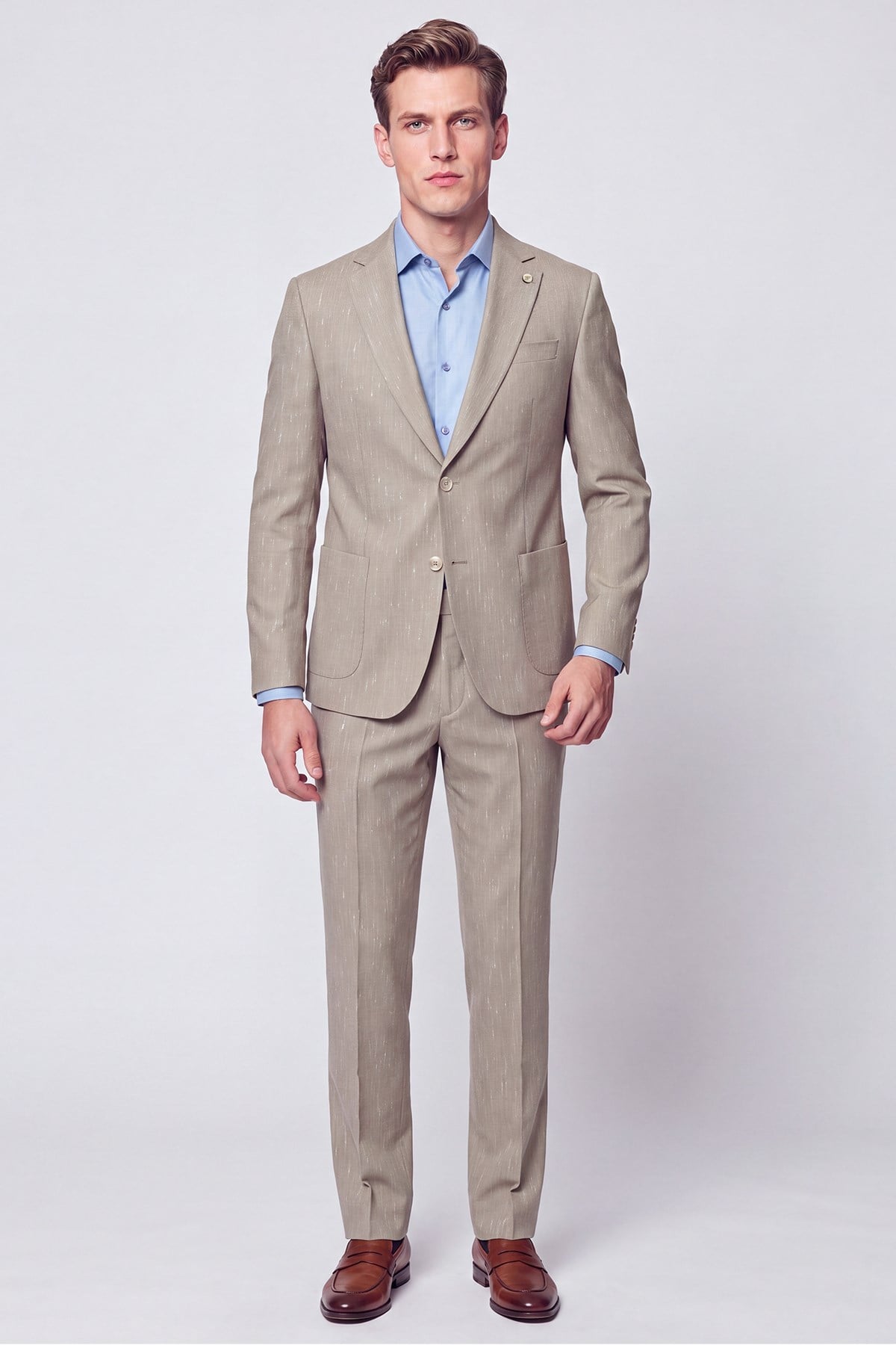 Slim Fit Mono Yaka Çift Yırtmaç Koyu Bej Keten Takım Elbise TK 952