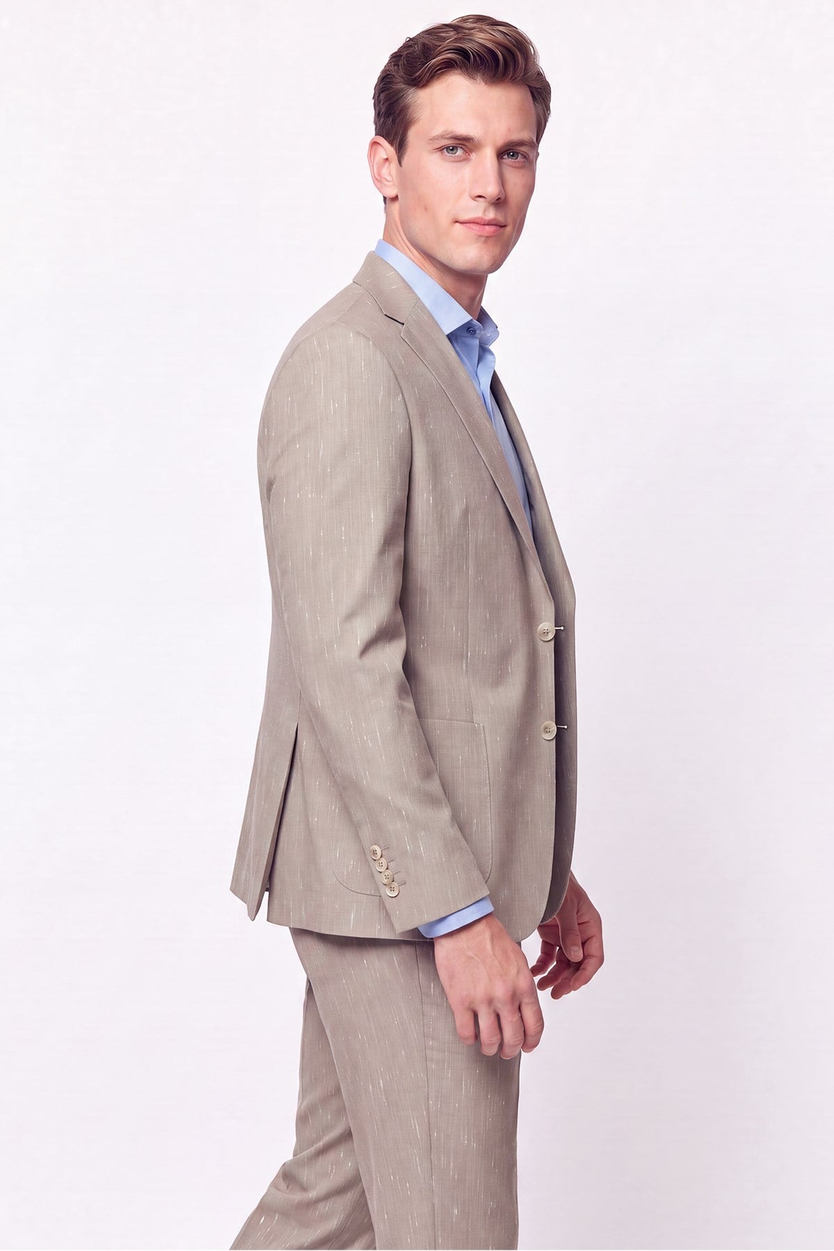 Slim Fit Mono Yaka Çift Yırtmaç Koyu Bej Keten Takım Elbise TK 952