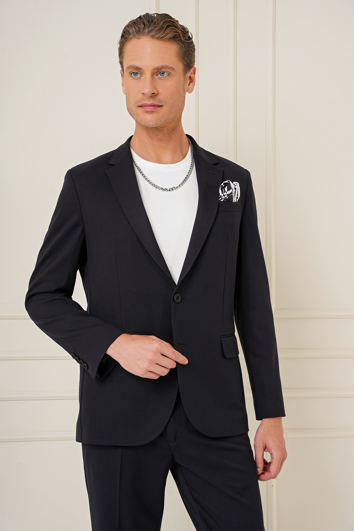 Slim Fit Mono Yaka Çift Yırtmaç Pamuklu Siyah Blazer Ceket C 691