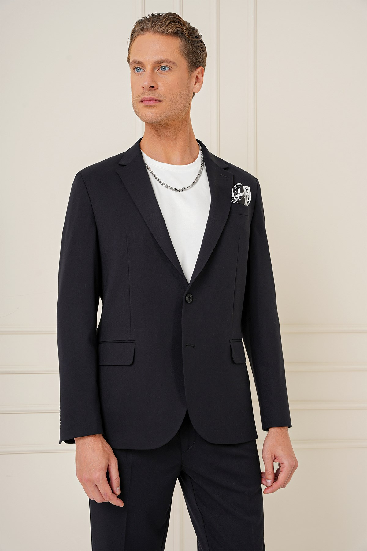 Slim Fit Mono Yaka Çift Yırtmaç Pamuklu Siyah Blazer Ceket C 691