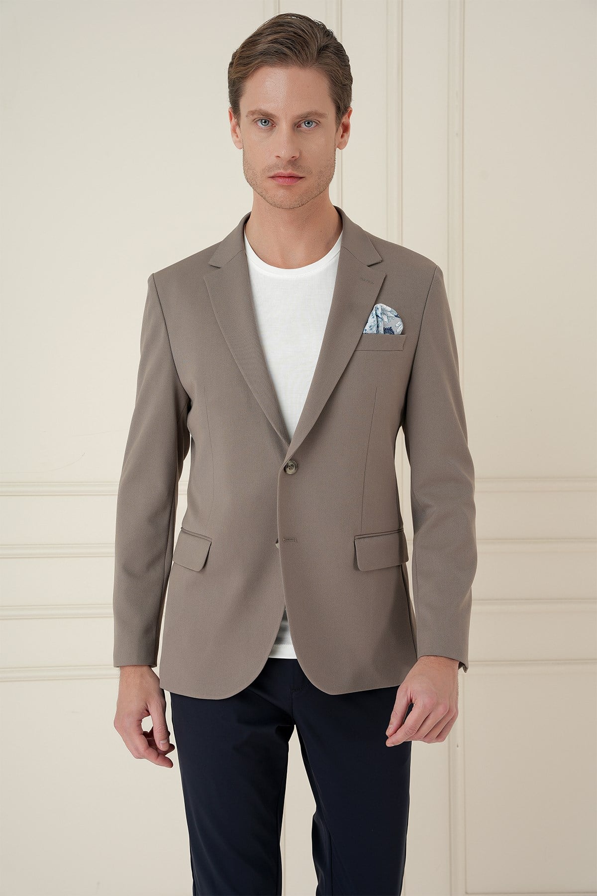 Slim Fit Mono Yaka Çift Yırtmaç Pamuklu Bej Blazer Ceket C 691