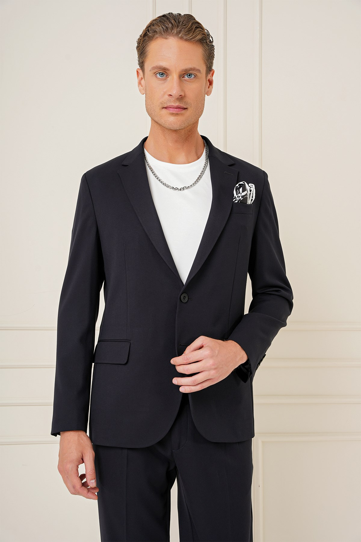 Slim Fit Mono Yaka Çift Yırtmaç Pamuklu Siyah Blazer Ceket C 691