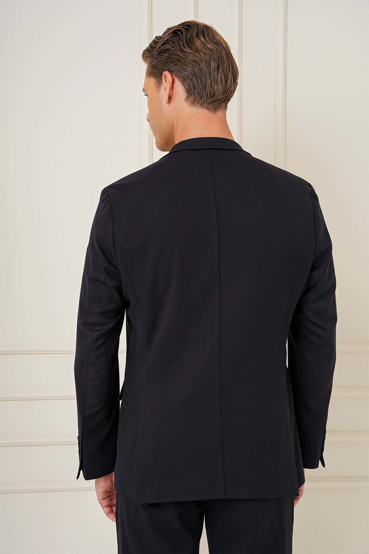 Slim Fit Mono Yaka Çift Yırtmaç Pamuklu Siyah Blazer Ceket C 691