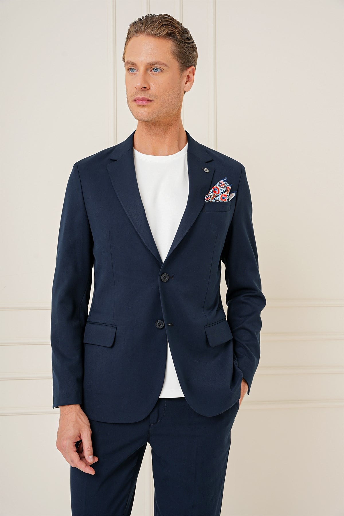 Slim Fit Mono Yaka Çift Yırtmaç Pamuklu Lacivert Blazer Ceket C 691