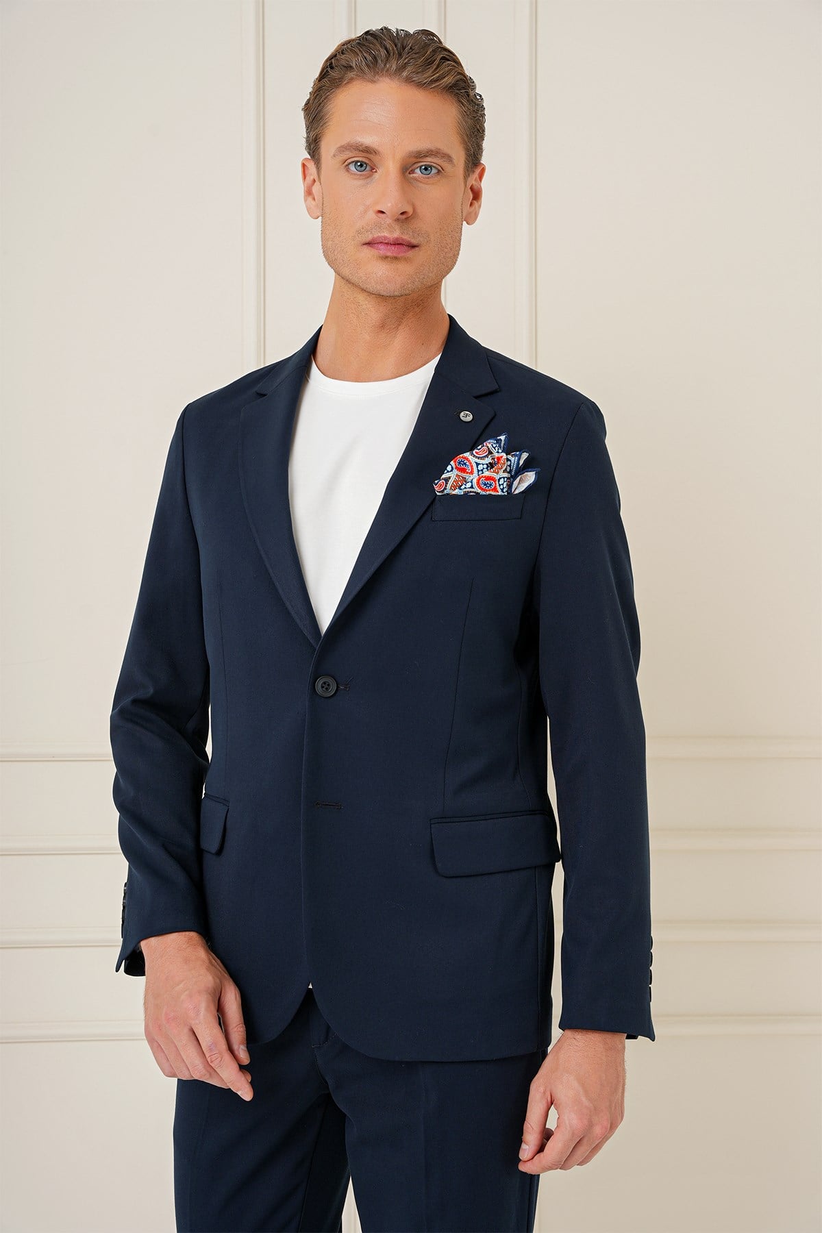 Slim Fit Mono Yaka Çift Yırtmaç Pamuklu Lacivert Blazer Ceket C 691