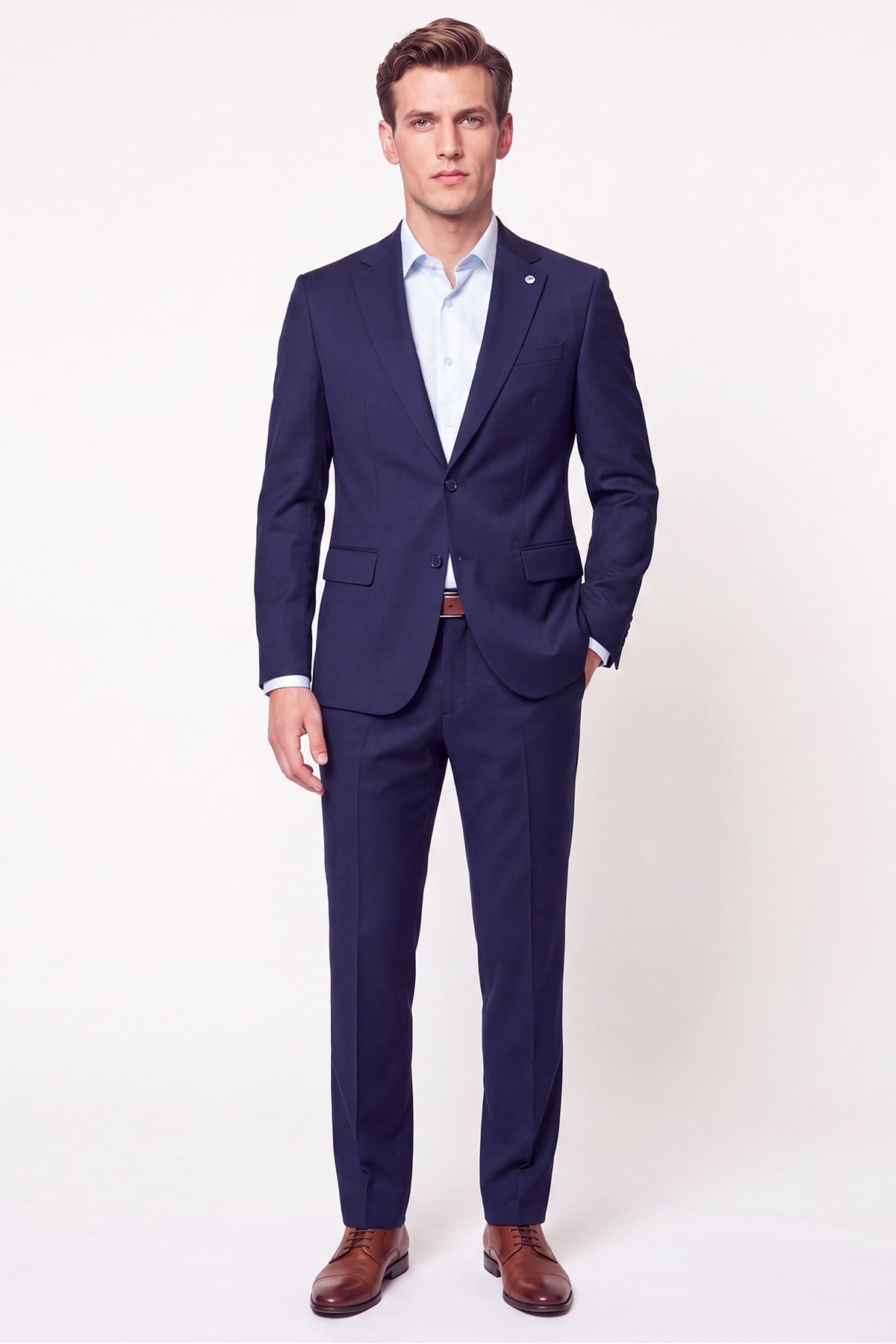 Slim Fit Mono Yaka Çift Yırtmaç Yünlü Lacivert Takım Elbise TK 949