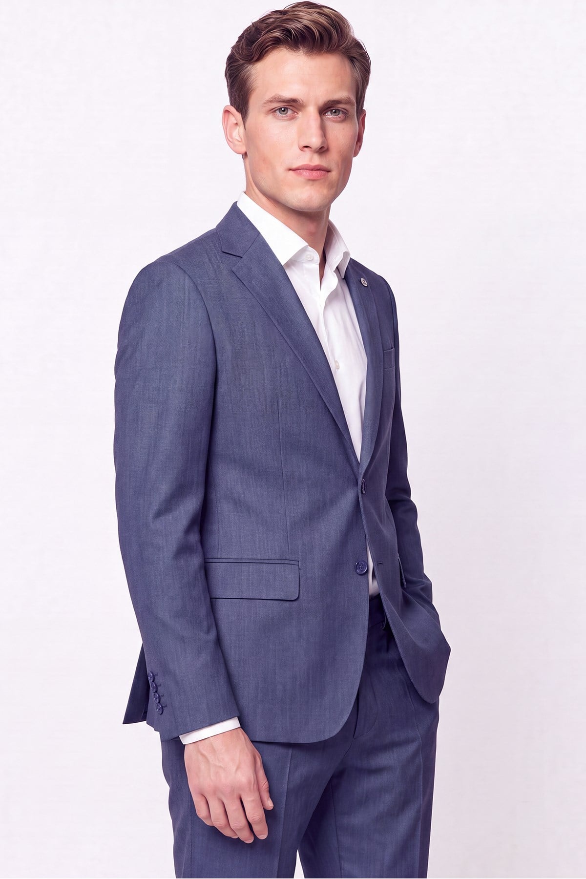 Slim Fit Mono Yaka Çift Yırtmaç Yünlü İndigo Takım Elbise TK 949