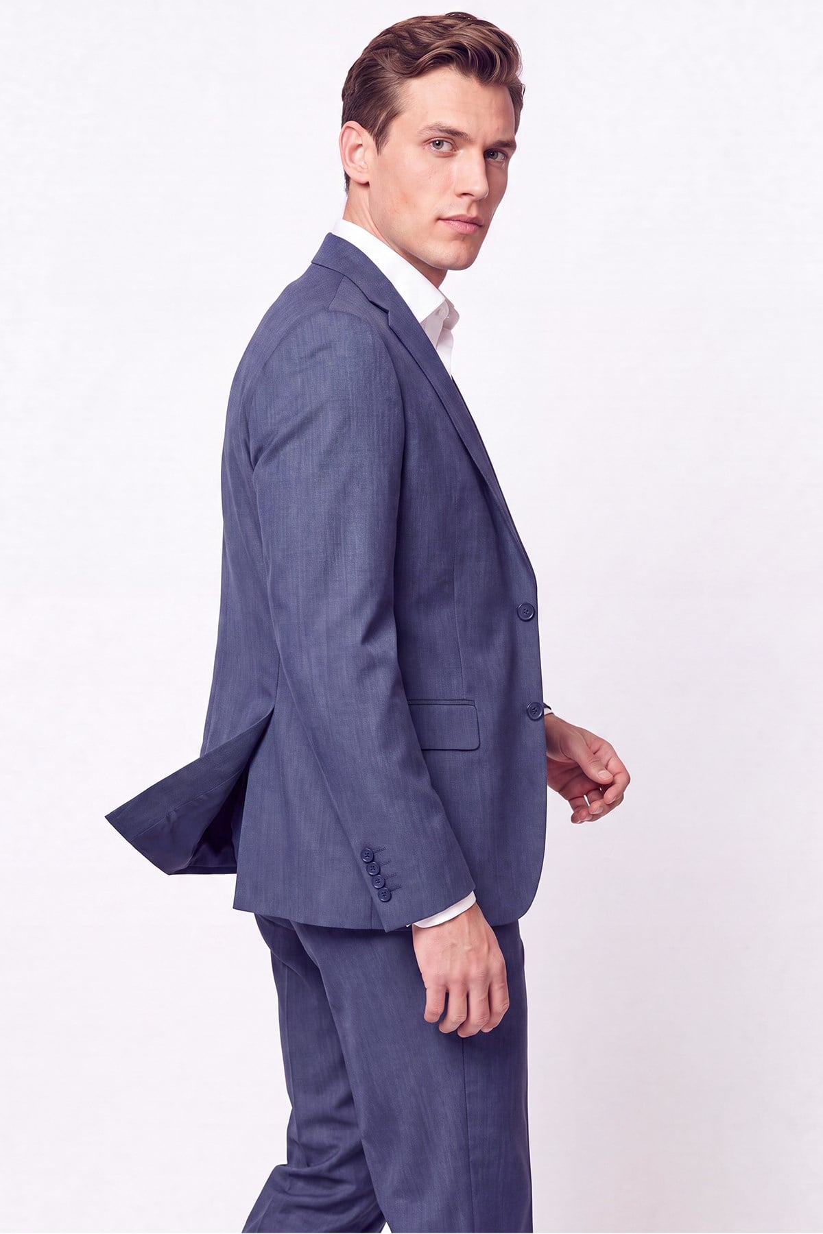 Slim Fit Mono Yaka Çift Yırtmaç Yünlü İndigo Takım Elbise TK 949