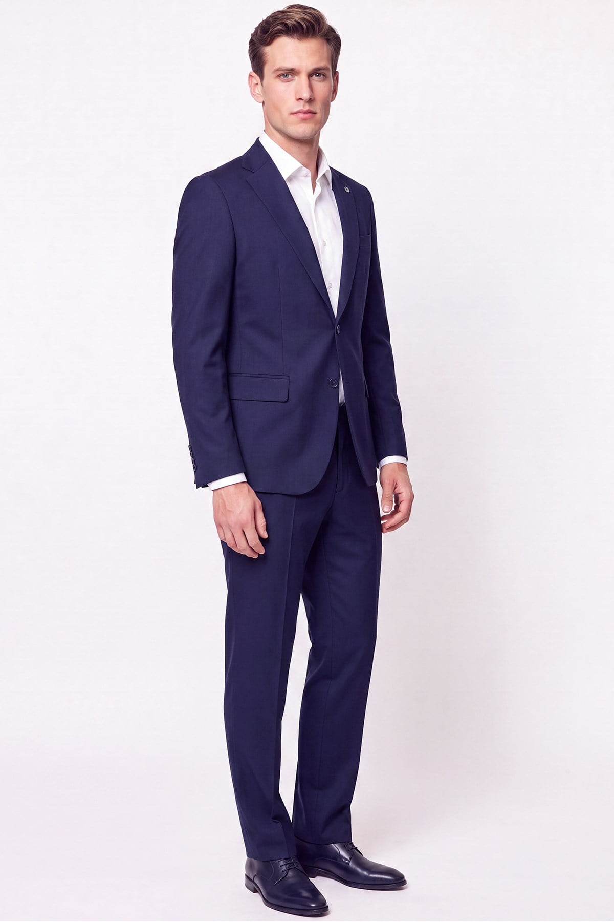 Slim Fit Mono Yaka Çift Yırtmaç Yünlü Lacivert Takım Elbise TK 949