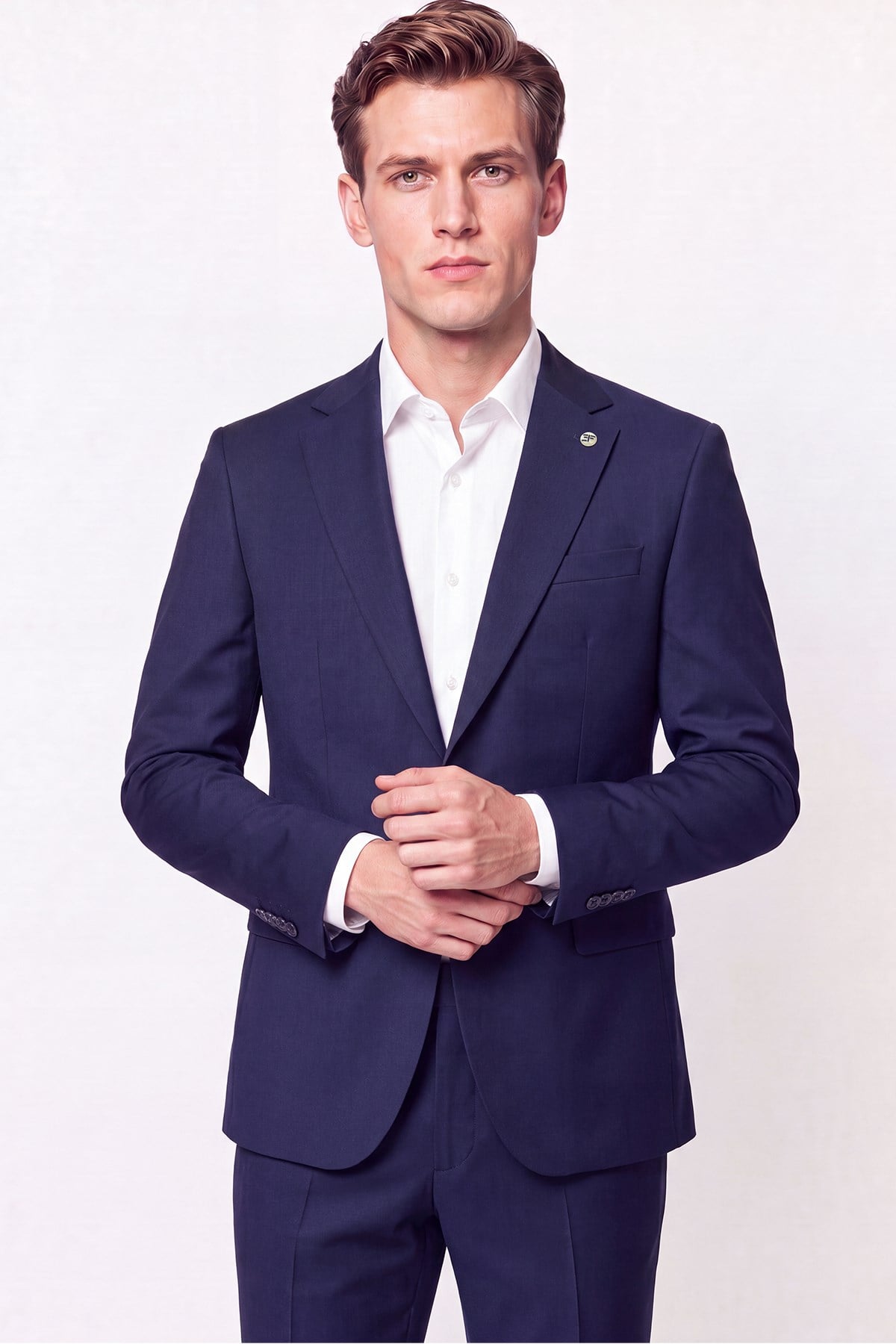 Slim Fit Mono Yaka Çift Yırtmaç Yünlü Lacivert Takım Elbise TK 949
