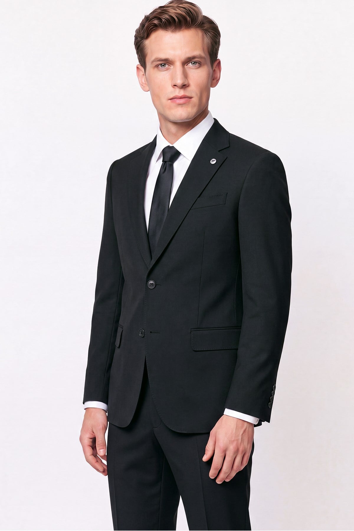 Slim Fit Mono Yaka Çift Yırtmaç Yünlü Siyah Takım Elbise TK 949
