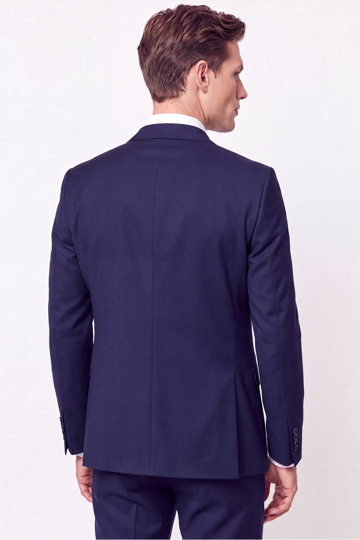 Slim Fit Mono Yaka Çift Yırtmaç Yünlü Lacivert Takım Elbise TK 949