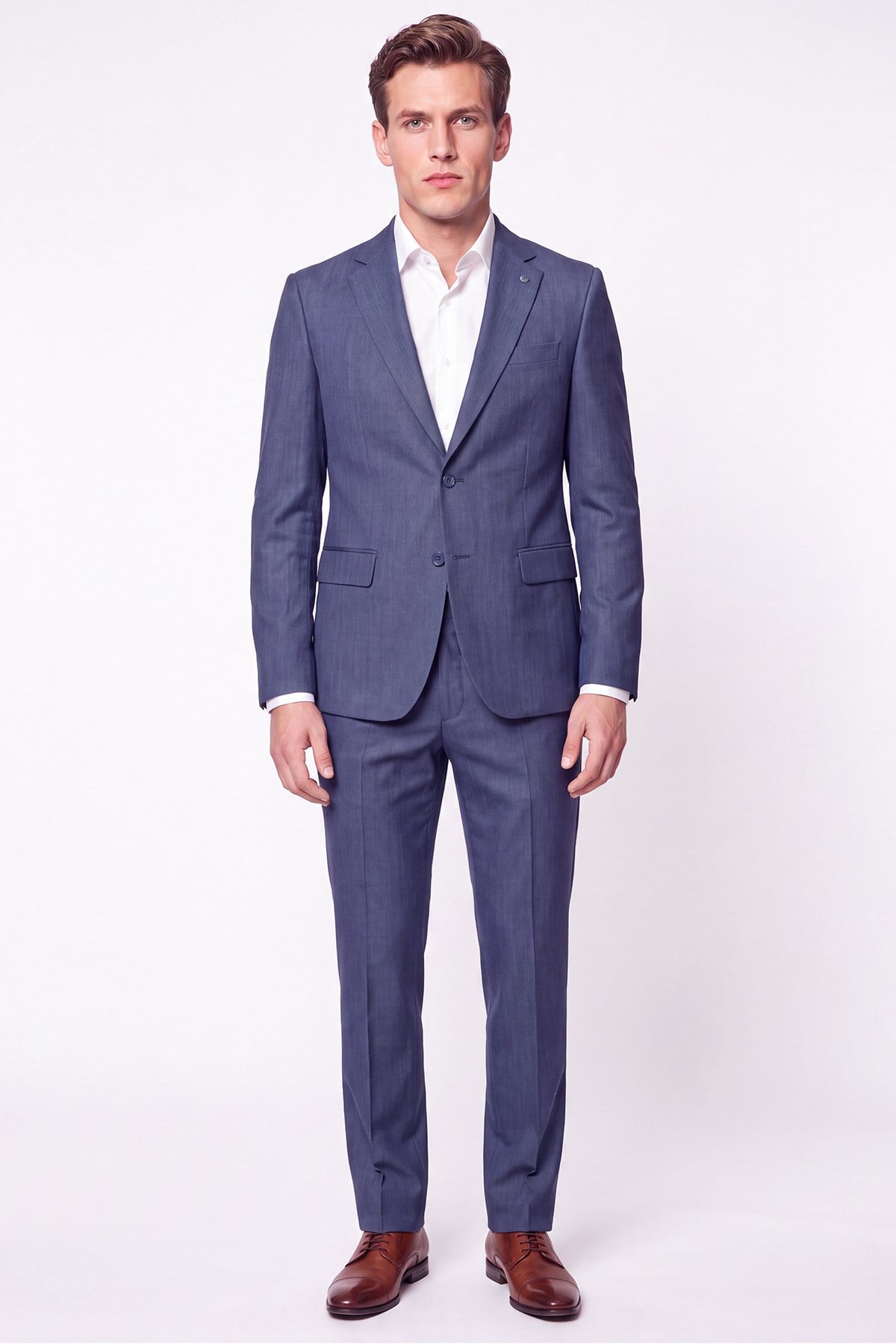 Slim Fit Mono Yaka Çift Yırtmaç Yünlü İndigo Takım Elbise TK 949