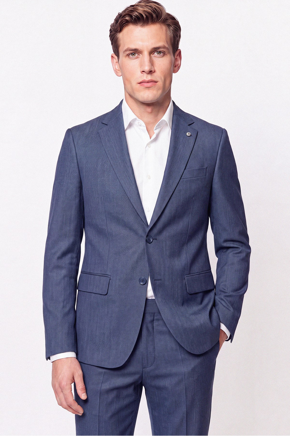 Slim Fit Mono Yaka Çift Yırtmaç Yünlü İndigo Takım Elbise TK 949