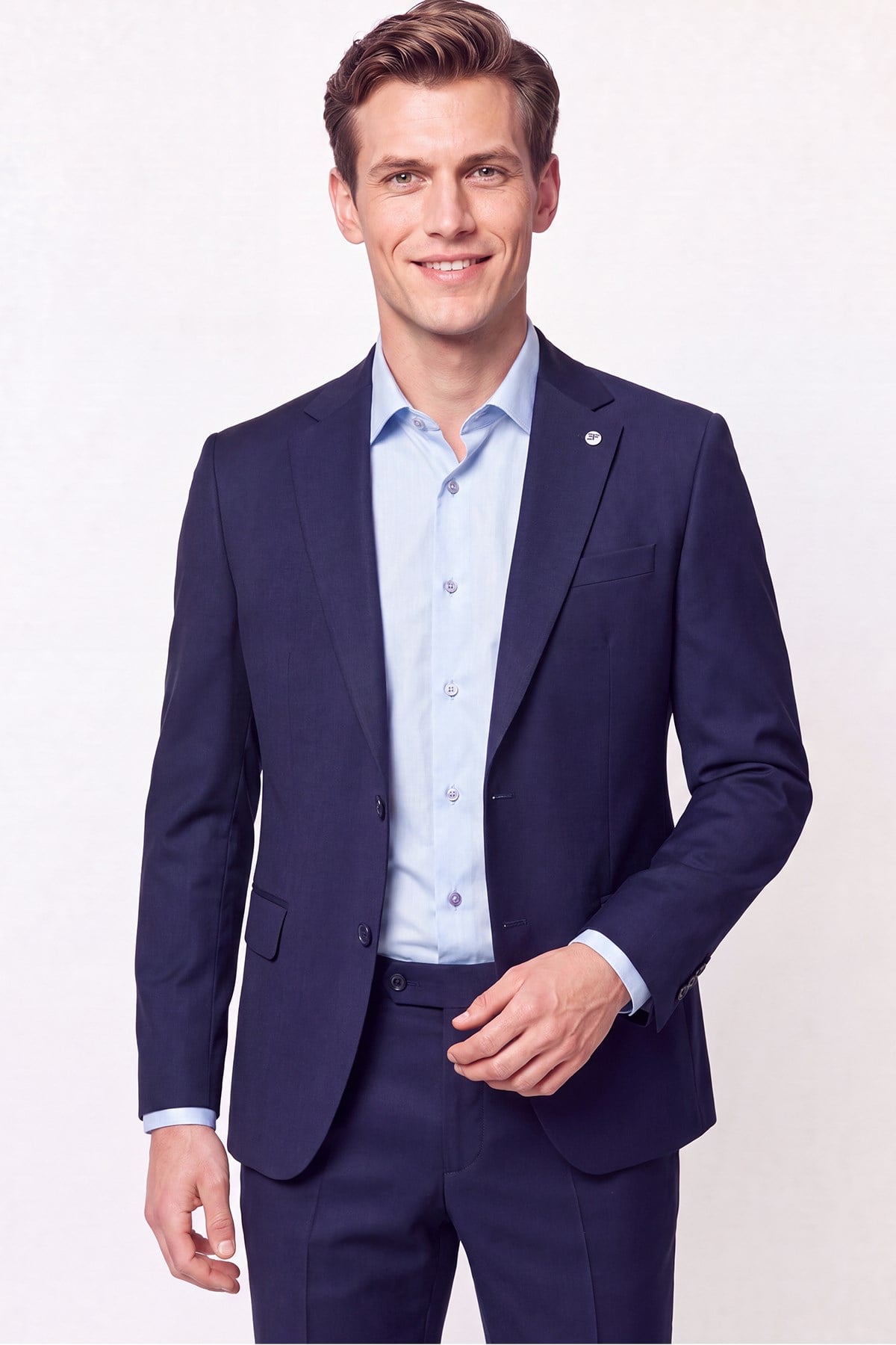 Slim Fit Mono Yaka Çift Yırtmaç Yünlü Lacivert Takım Elbise TK 949