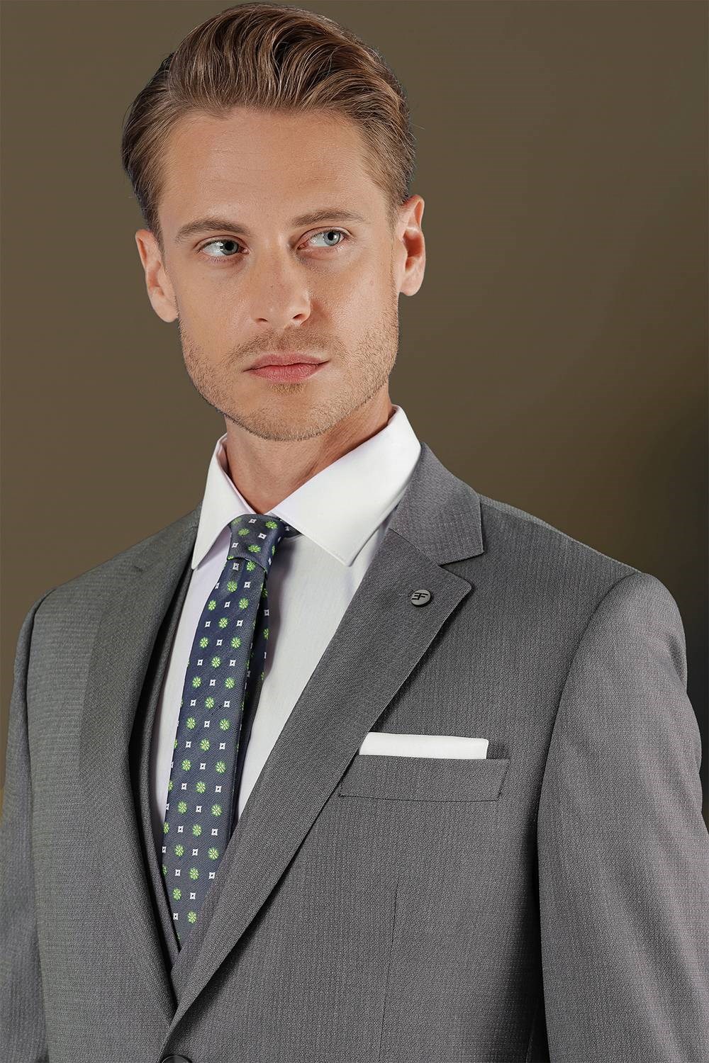 Slim Fit Mono Yaka Doku Desenli Füme Yelekli Takım Elbise TK 877