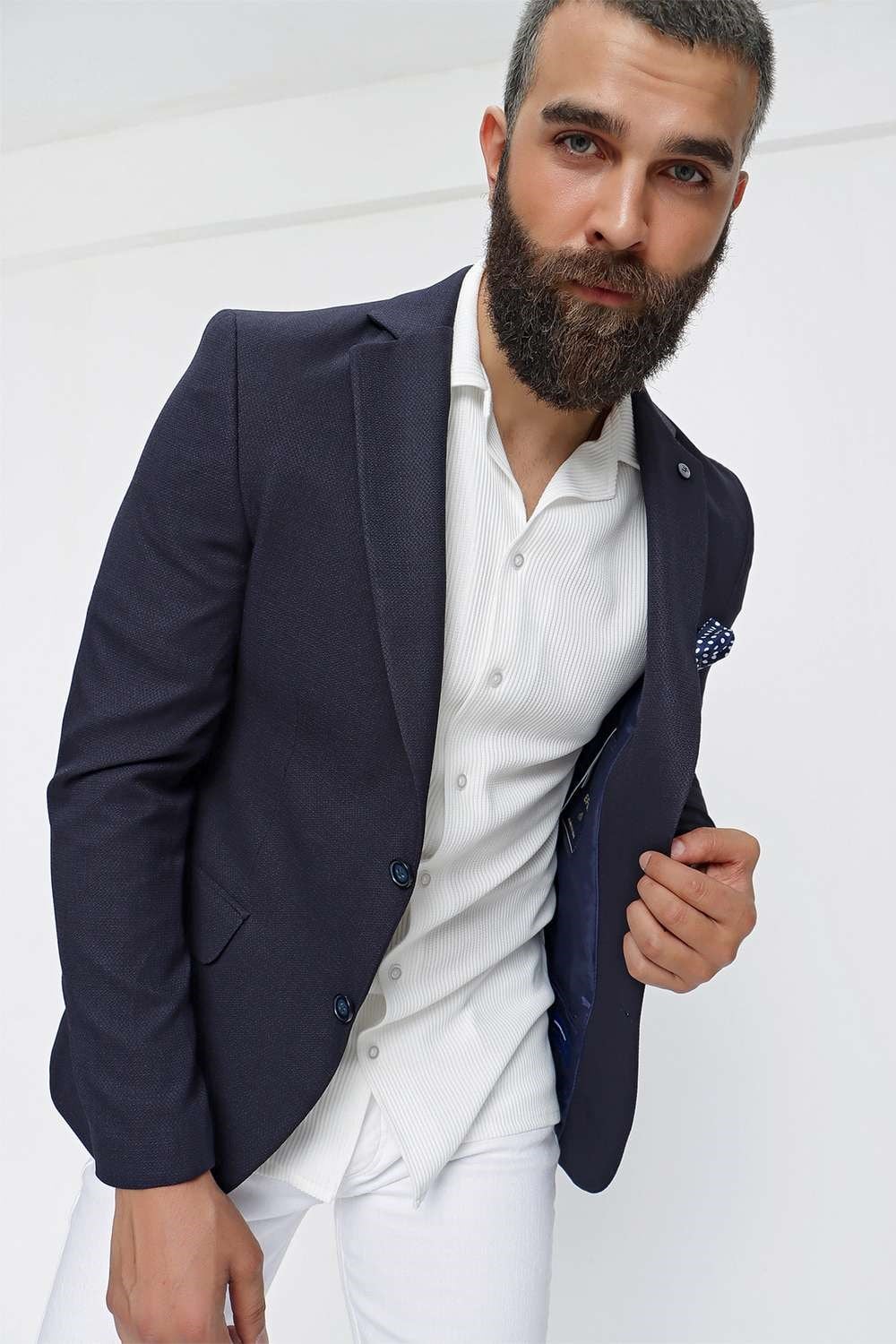 Slim Fit Mono Yaka Doku Desenli Lacivert Spor Ceket C 620