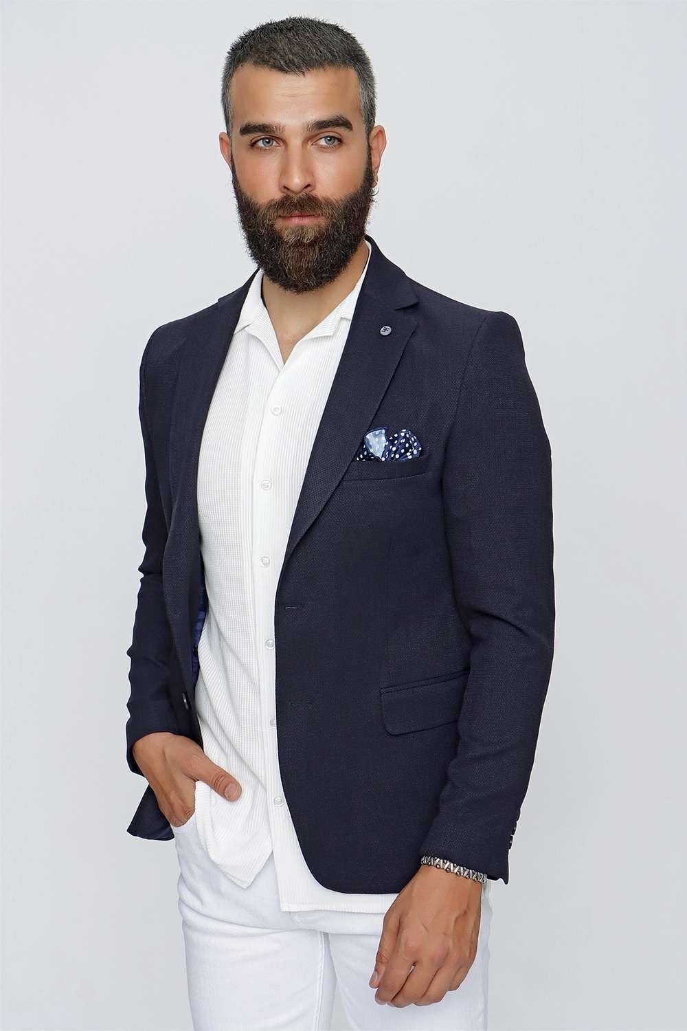 Slim Fit Mono Yaka Doku Desenli Lacivert Spor Ceket C 620