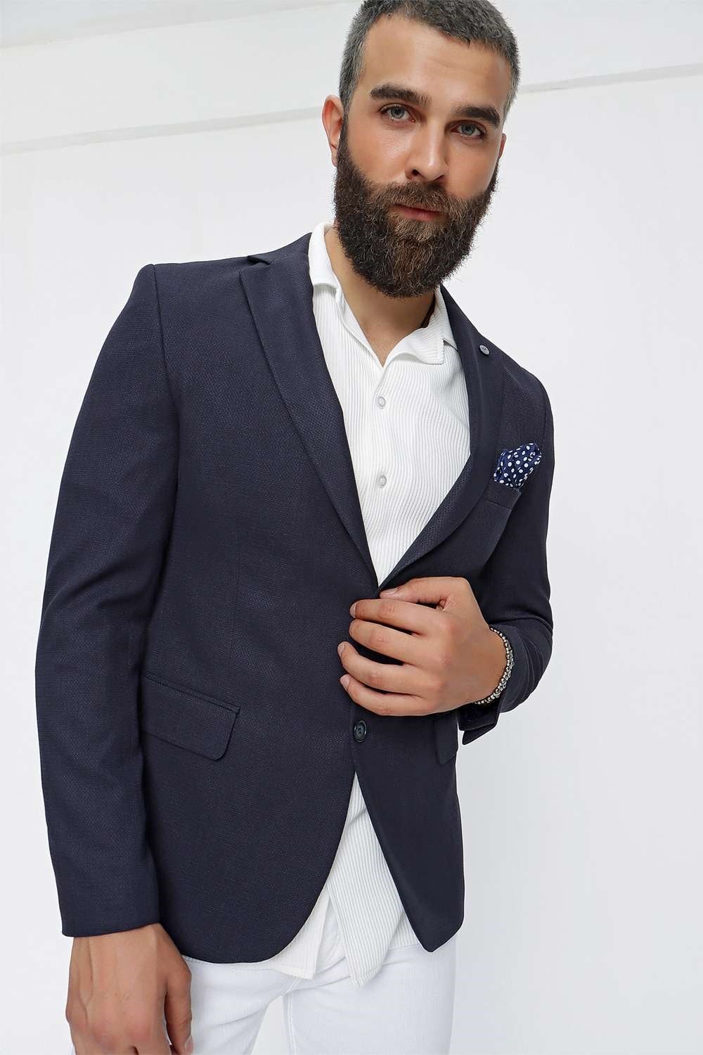 Slim Fit Mono Yaka Doku Desenli Lacivert Spor Ceket C 620