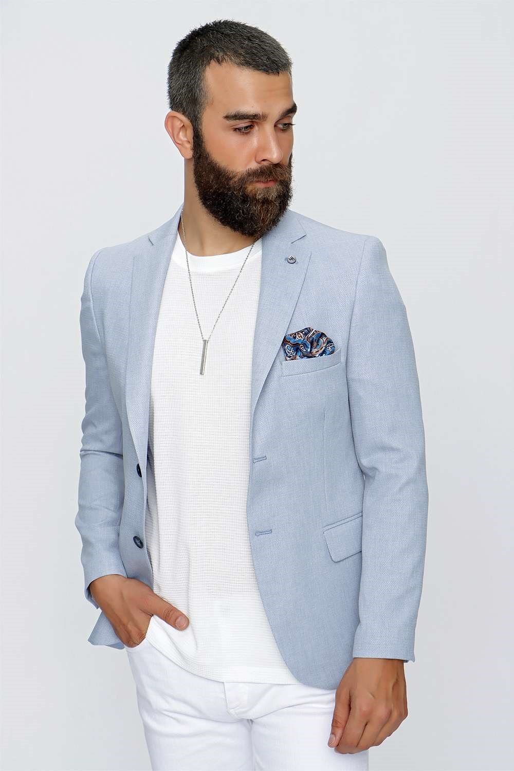 Slim Fit Mono Yaka Doku Desenli Mavi Spor Ceket C 620
