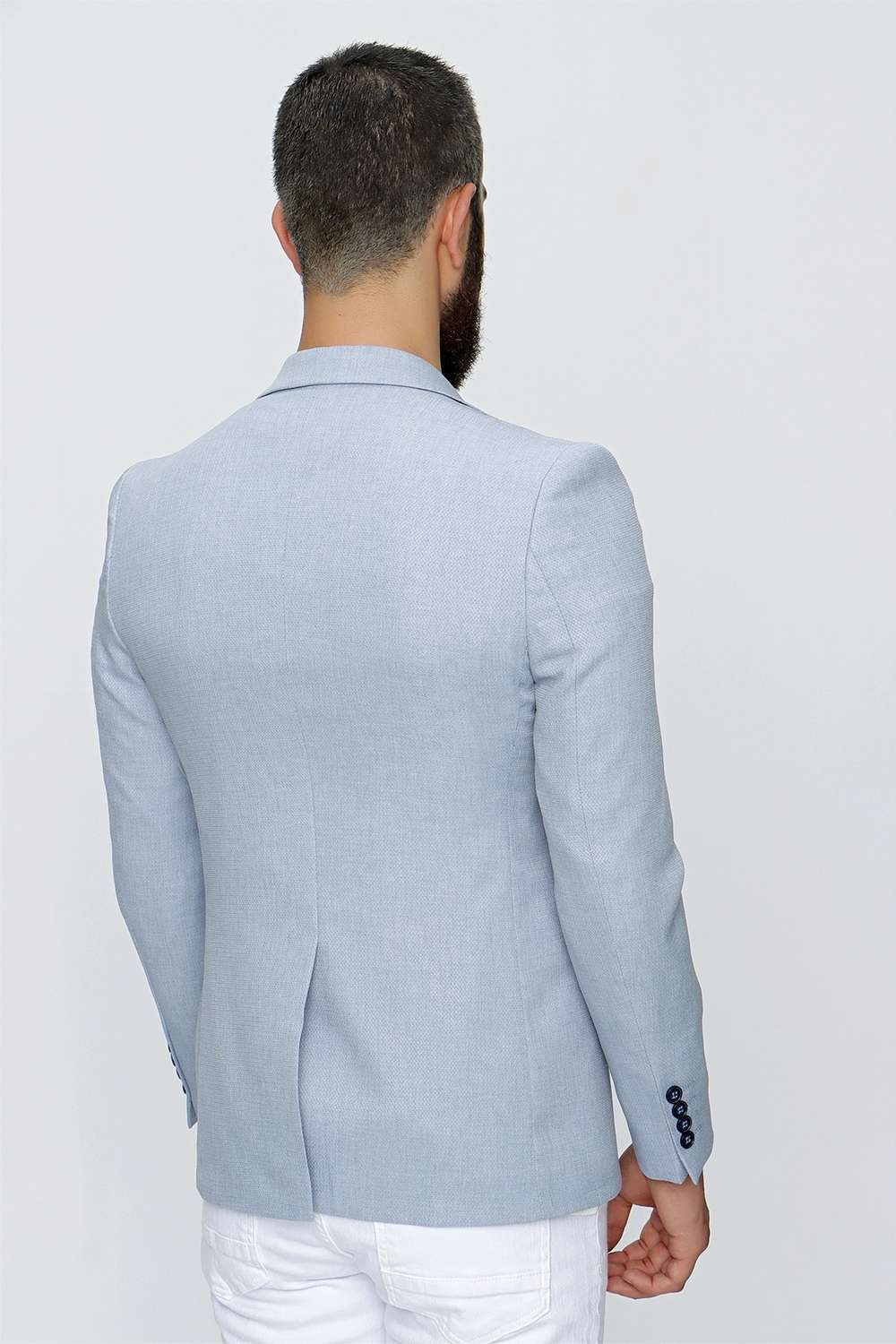 Slim Fit Mono Yaka Doku Desenli Mavi Spor Ceket C 620