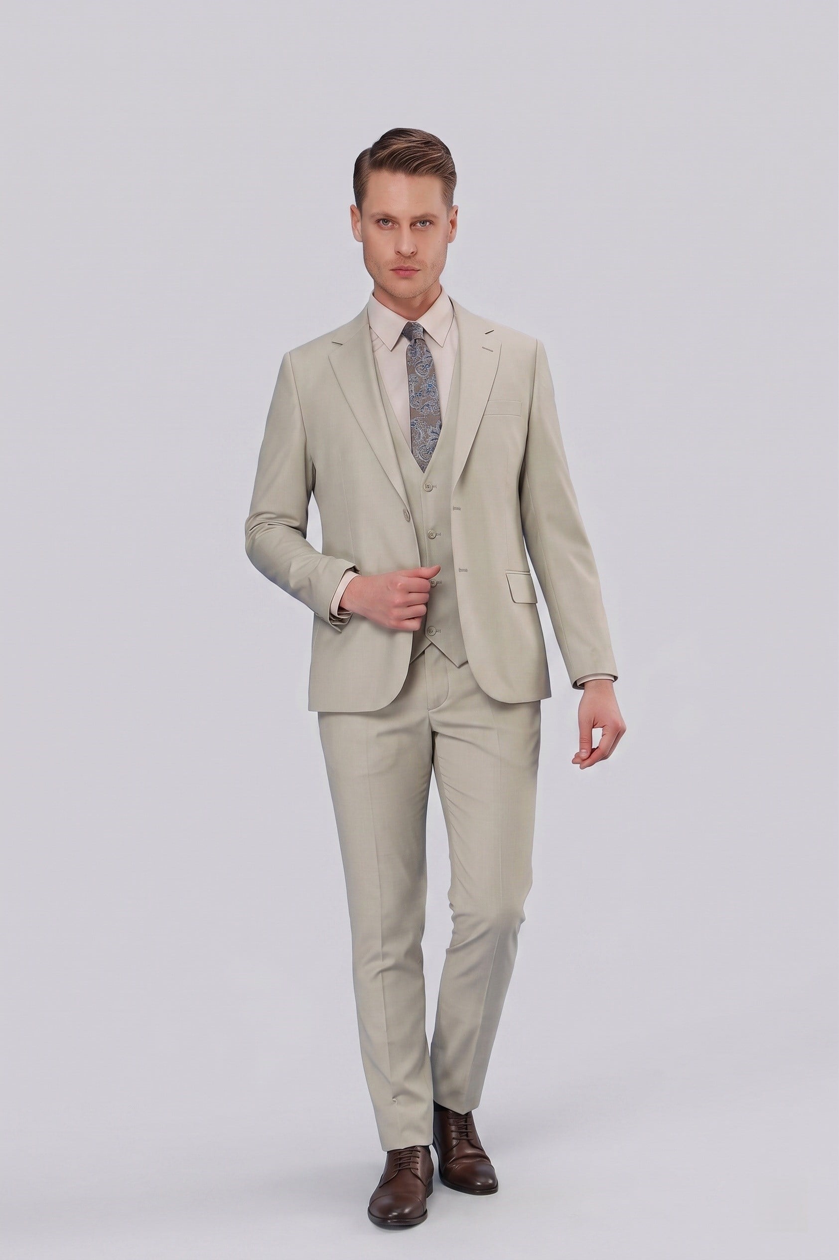 Slim Fit Mono Yaka Düz Çağla Yelekli Takım Elbise TK 871
