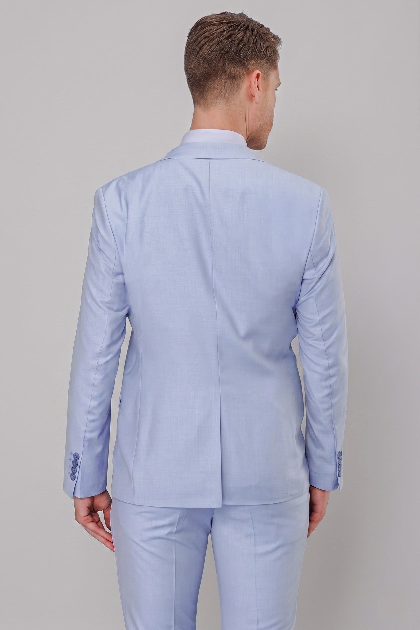 Slim Fit Mono Yaka Düz Mavi Yelekli Takım Elbise TK 871