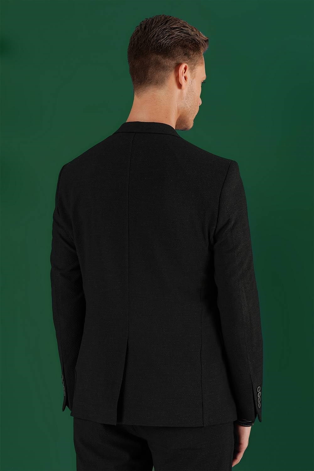 Slim Fit Mono Yaka Esnek Pamuklu Gofre Kumaş Siyah Blazer Ceket C 640