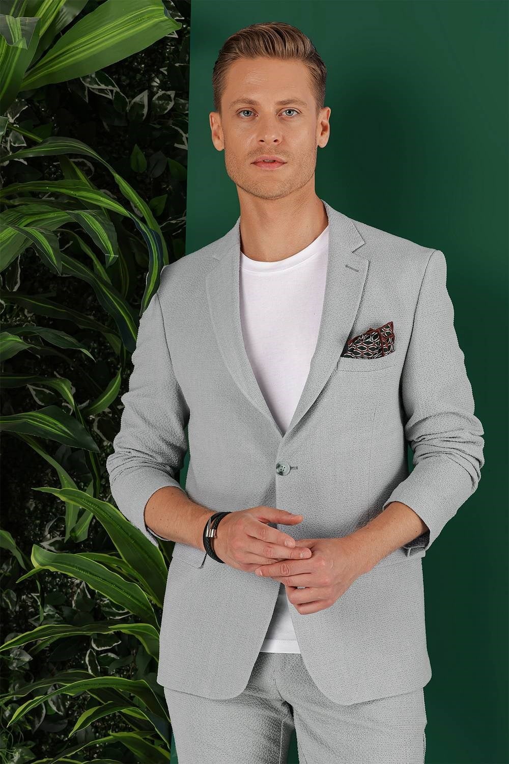 Slim Fit Mono Yaka Esnek Pamuklu Gofre Kumaş Gri Blazer Ceket C 640