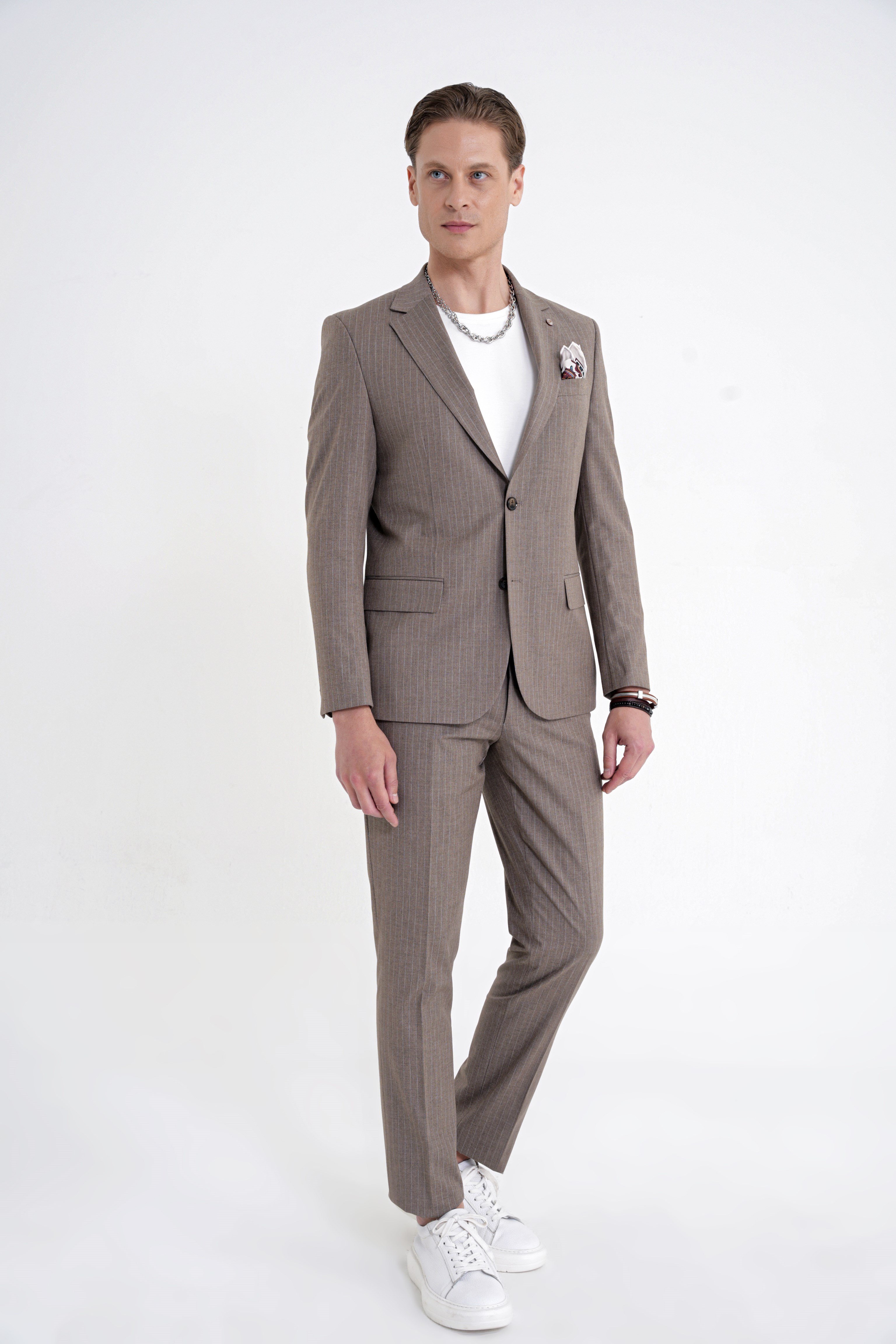 Slim Fit Mono Yaka Esnek Yünlü Bej Çizgili Takım Elbise Tk 942