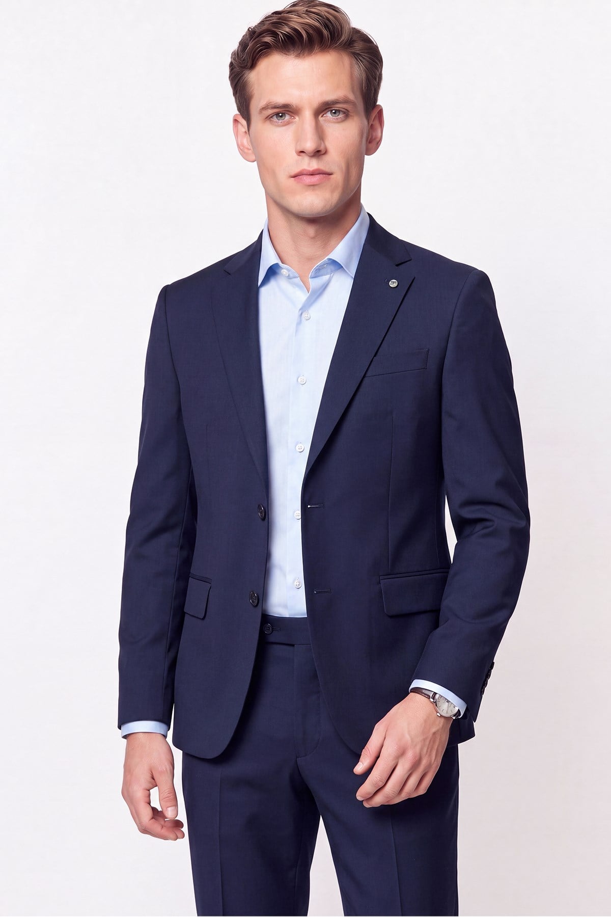 Slim Fit Mono Yaka Esnek Yünlü Lacivert Takım Elbise TK 2026