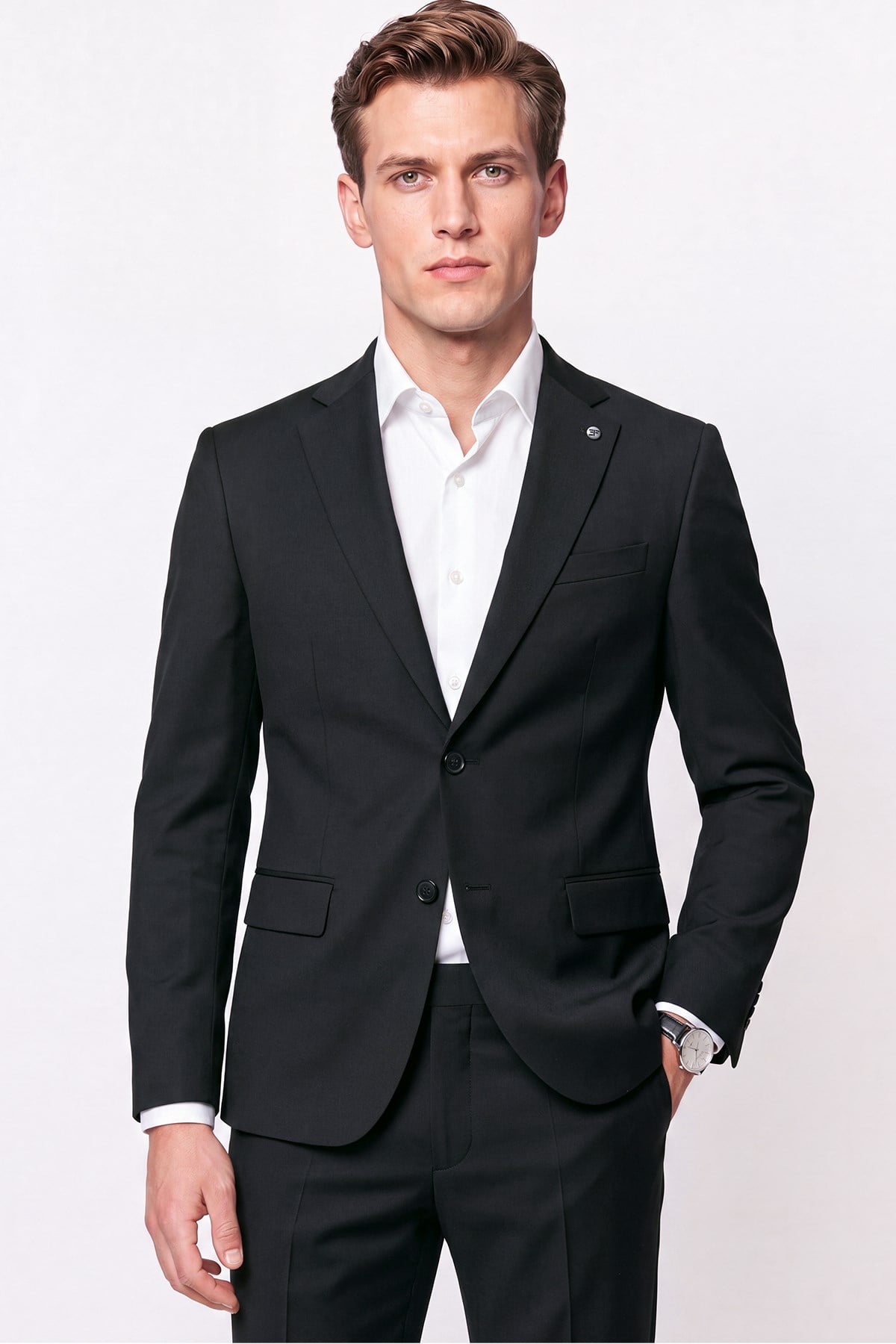 Slim Fit Mono Yaka Esnek Yünlü Siyah Takım Elbise TK 2026