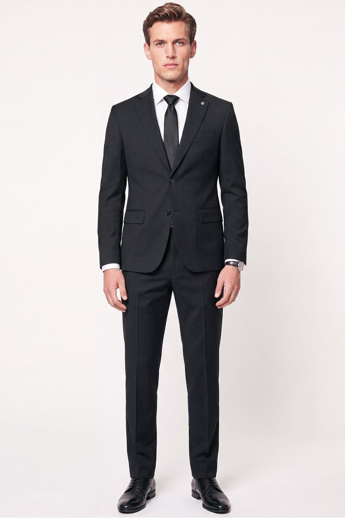 Slim Fit Mono Yaka Esnek Yünlü Siyah Takım Elbise TK 2026