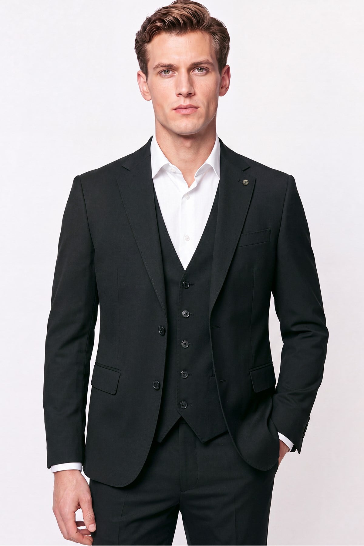 Slim Fit Mono Yaka  Esnek Yünlü Yelekli Siyah Takım Elbise TK 950