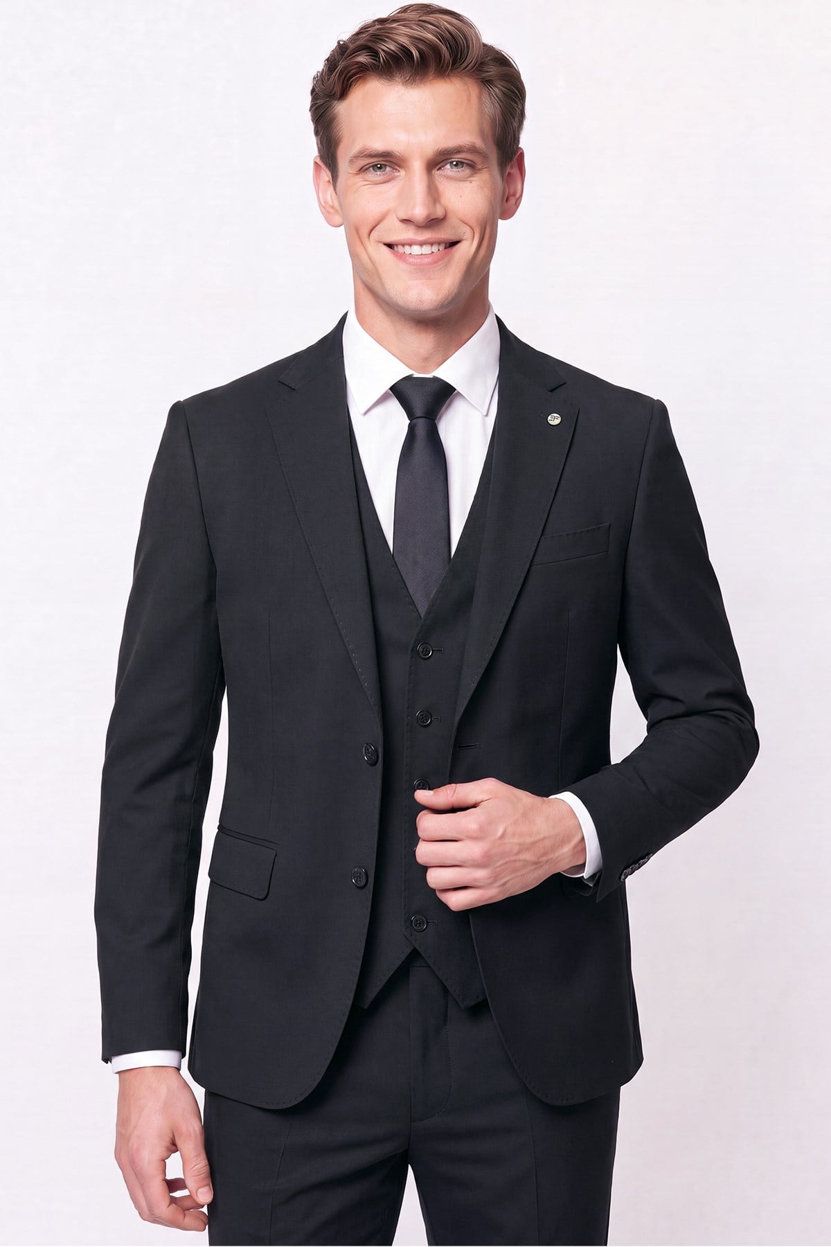 Slim Fit Mono Yaka  Esnek Yünlü Yelekli Siyah Takım Elbise TK 950
