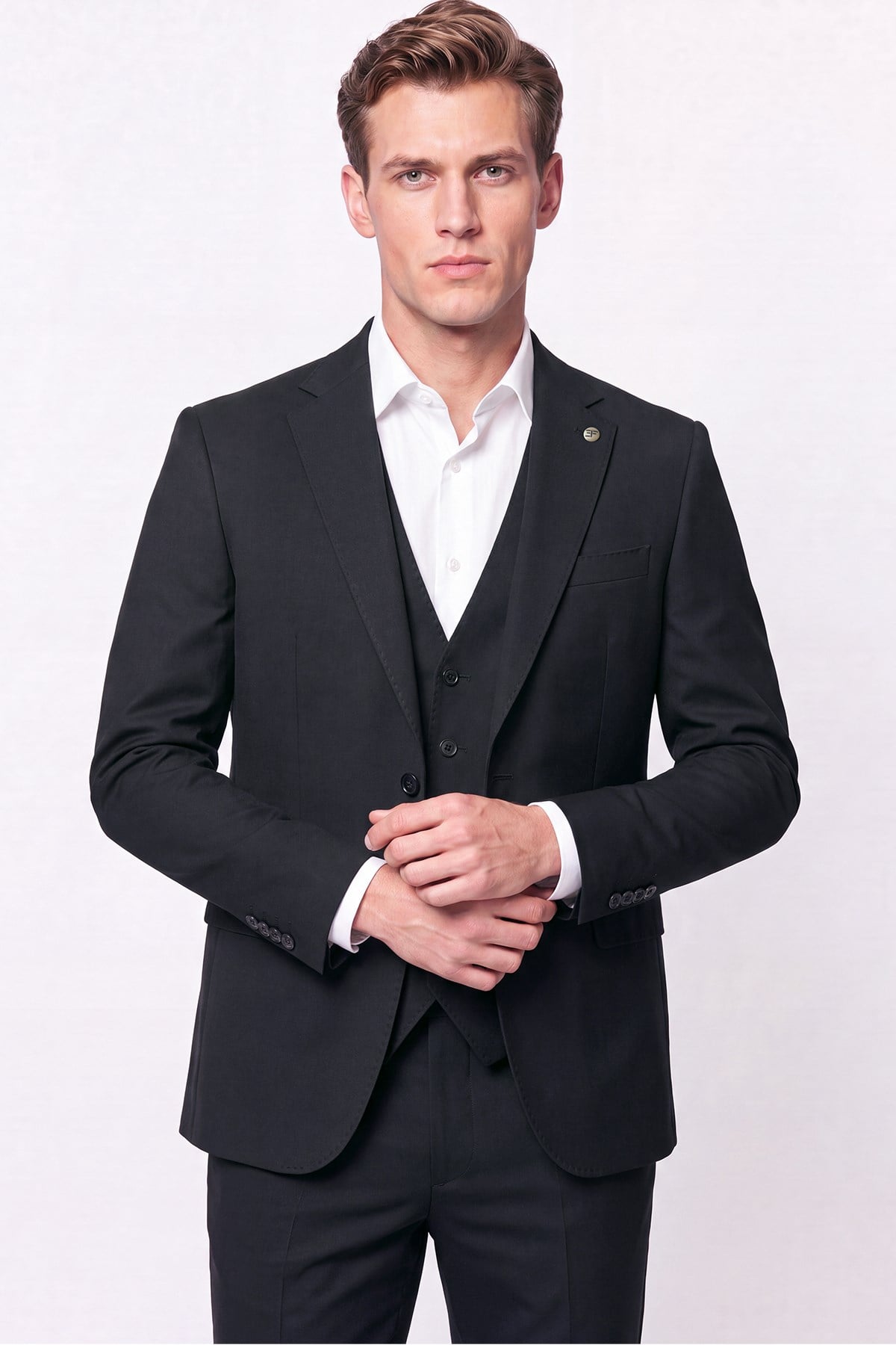 Slim Fit Mono Yaka  Esnek Yünlü Yelekli Siyah Takım Elbise TK 950