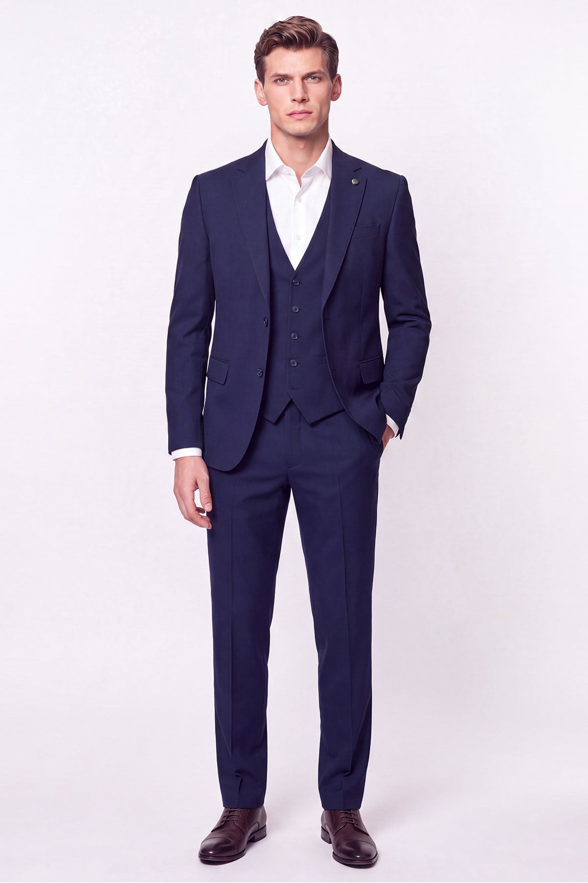 Slim Fit Mono Yaka  Esnek Yünlü Yelekli Lacivert Takım Elbise TK 950