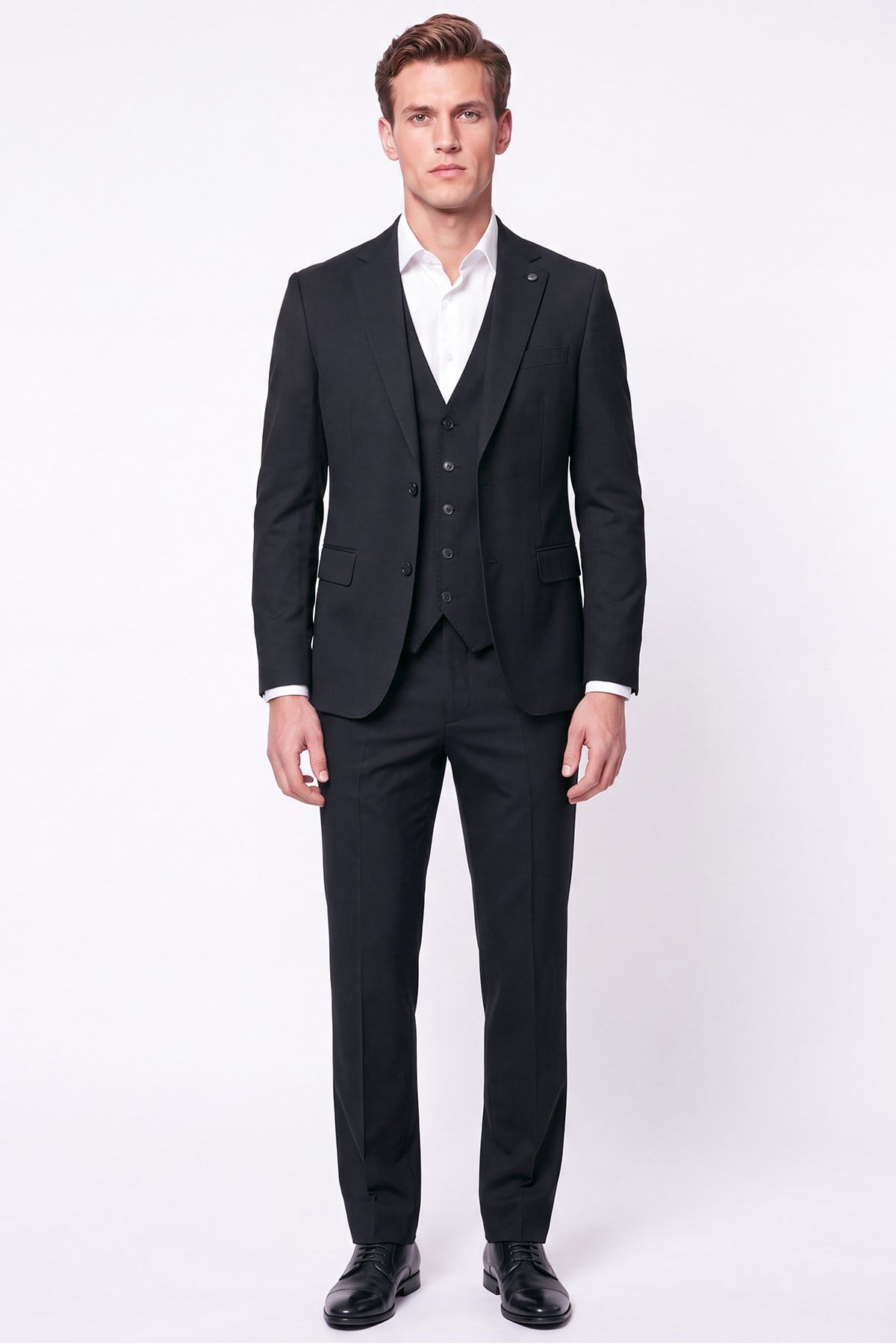 Slim Fit Mono Yaka  Esnek Yünlü Yelekli Siyah Takım Elbise TK 950