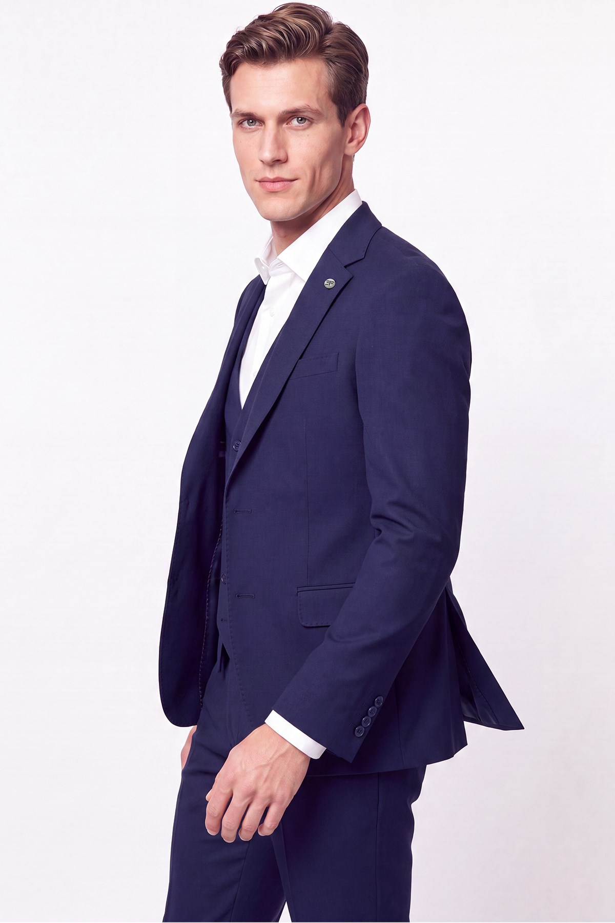 Slim Fit Mono Yaka  Esnek Yünlü Yelekli Lacivert Takım Elbise TK 950