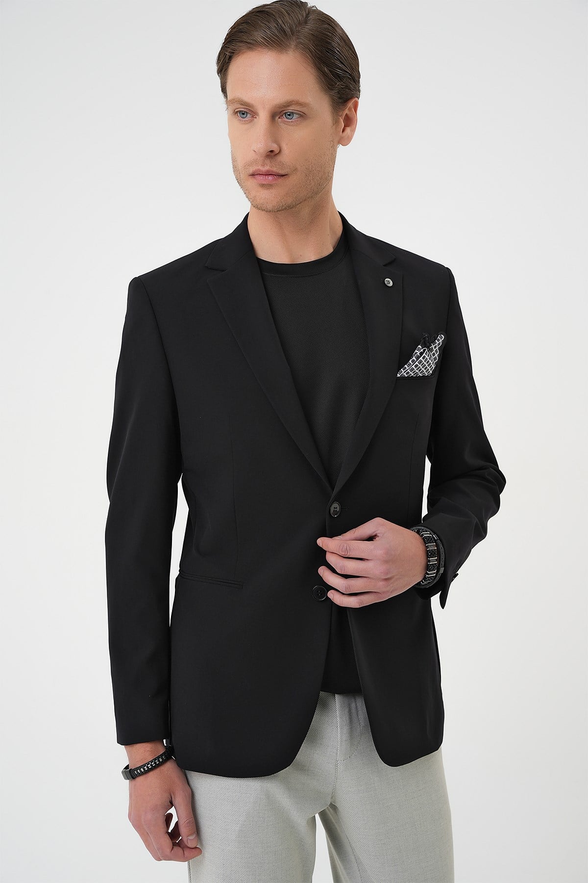 Slim Fit Mono Yaka Fleto Cepli Çift Yırtmaçlı Esnek Pamuklu Siyah Ceket C 710